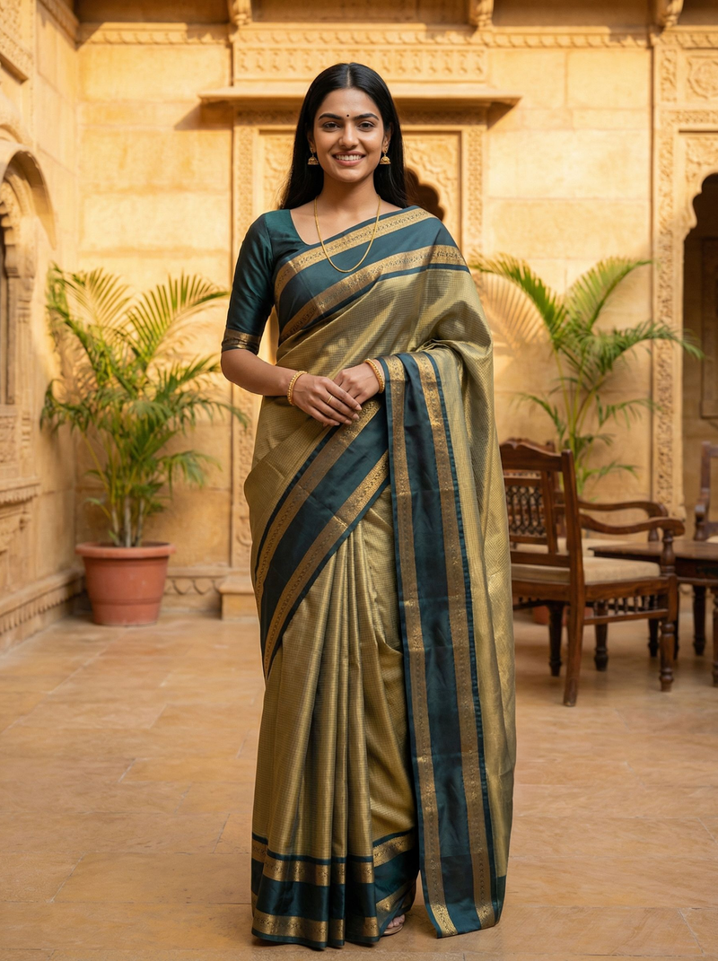 Woman in a traditional saree standing in an indoor setting with decorative elements.