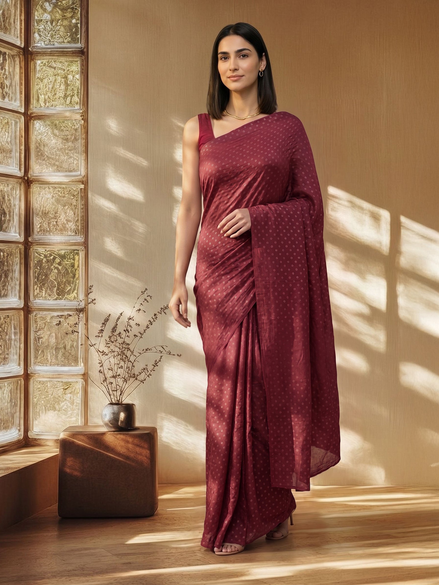 Woman in a maroon saree standing in a room with sunlight filtering through glass blocks.