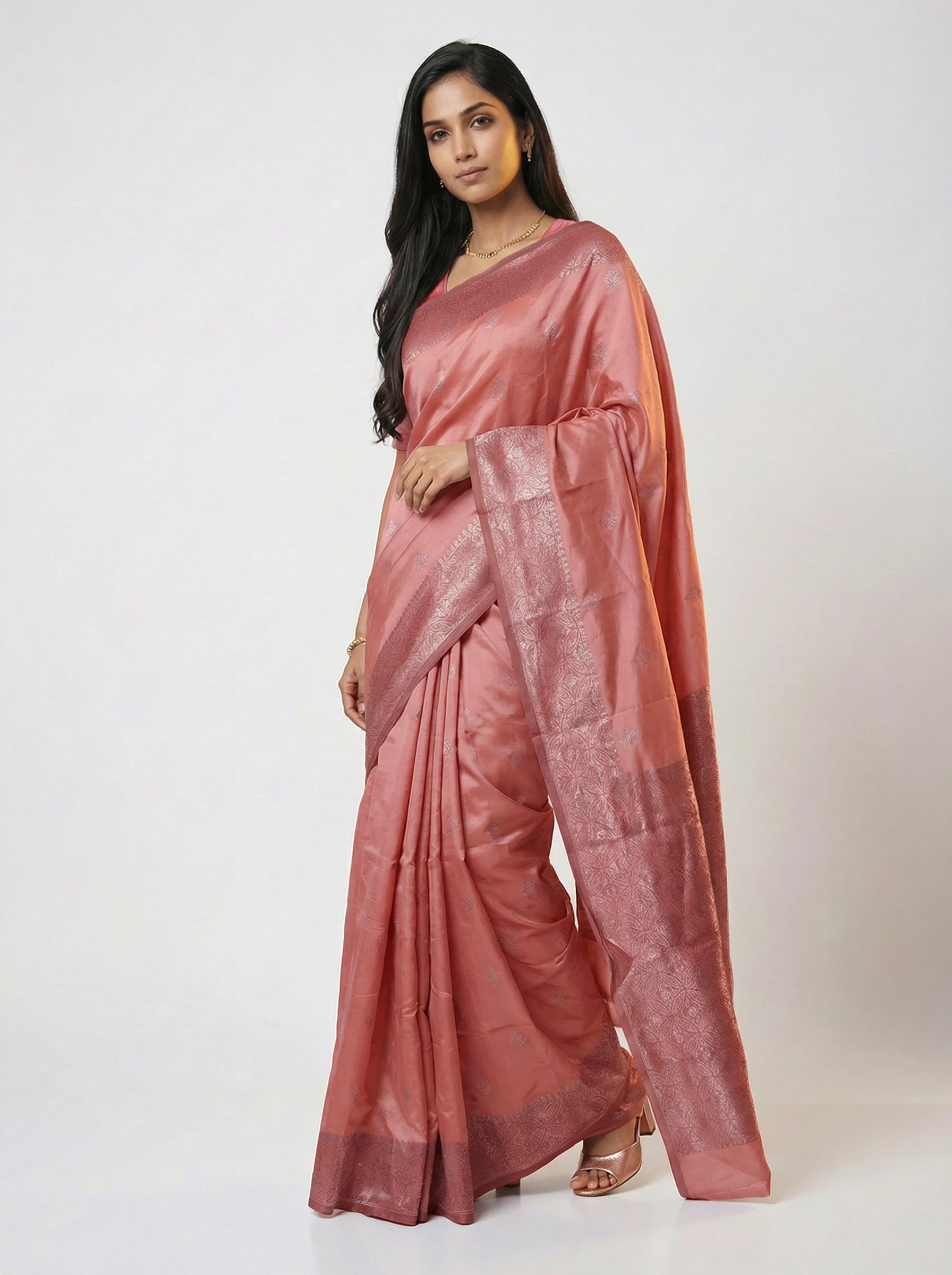 Semi  Silk Peach  Saree with Alternating Floral Design Body