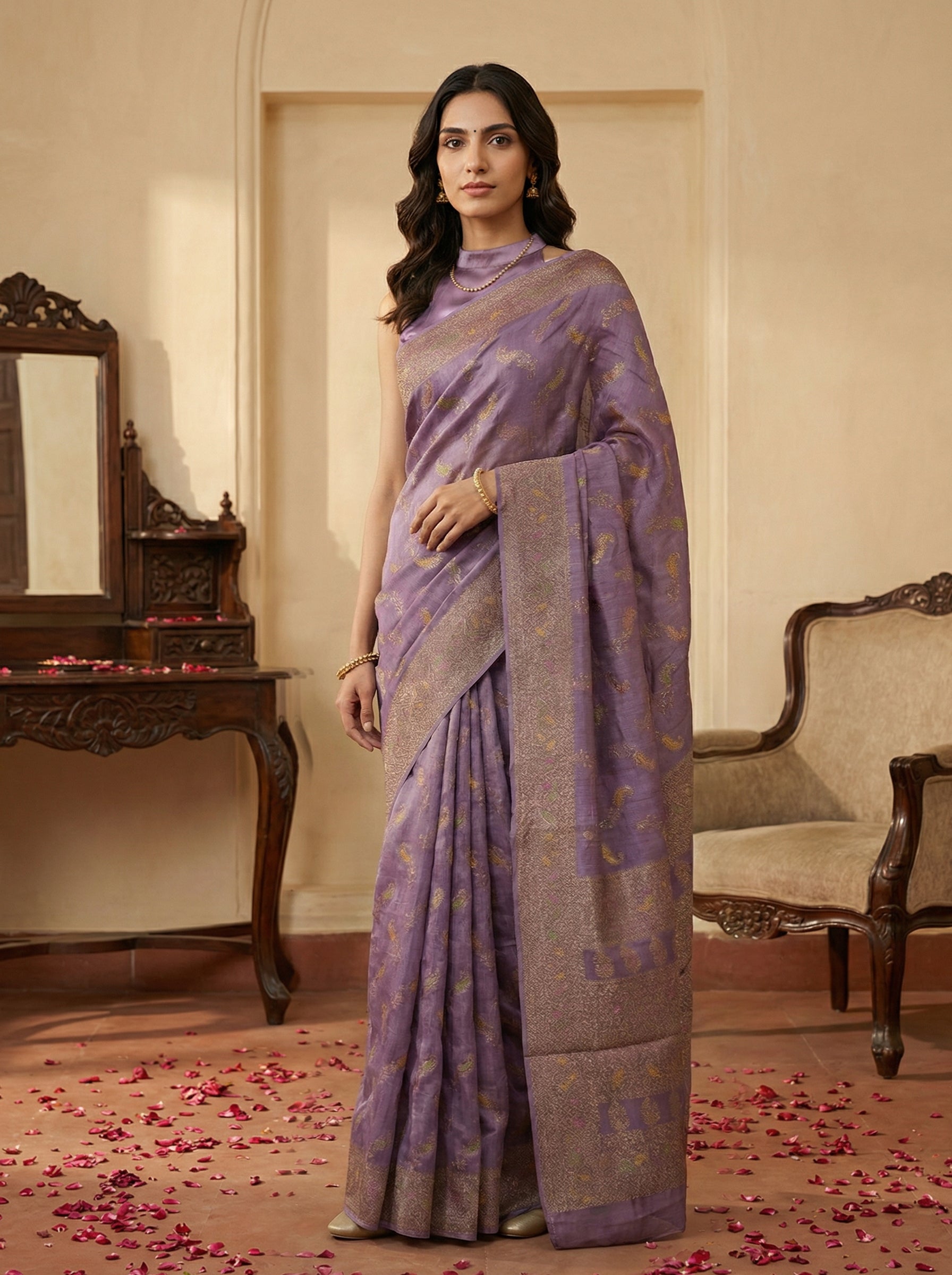 Jute Lilac Dust Gold Motif Saree