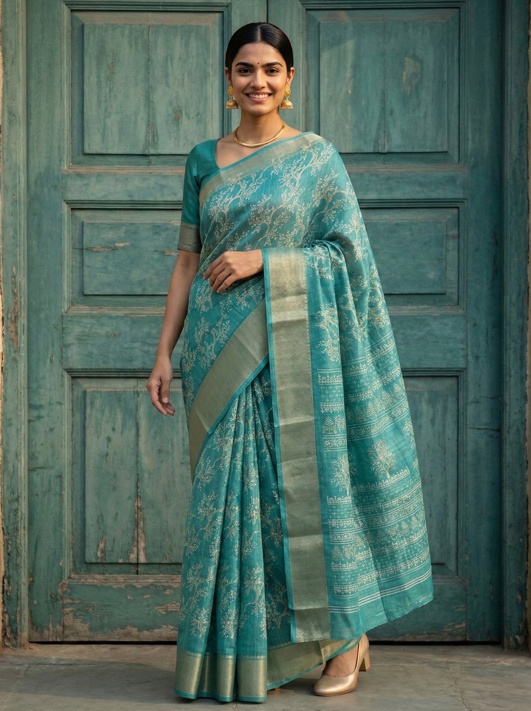 Synthetic Blue Saree with Floral Motif Design