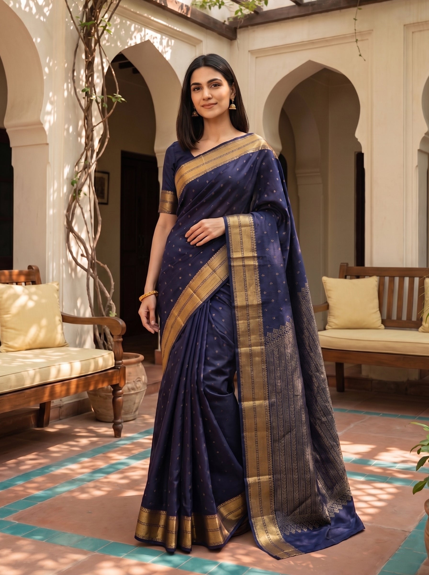 Pure silk Midnight Navy Blue Traditional Micro Butta Saree