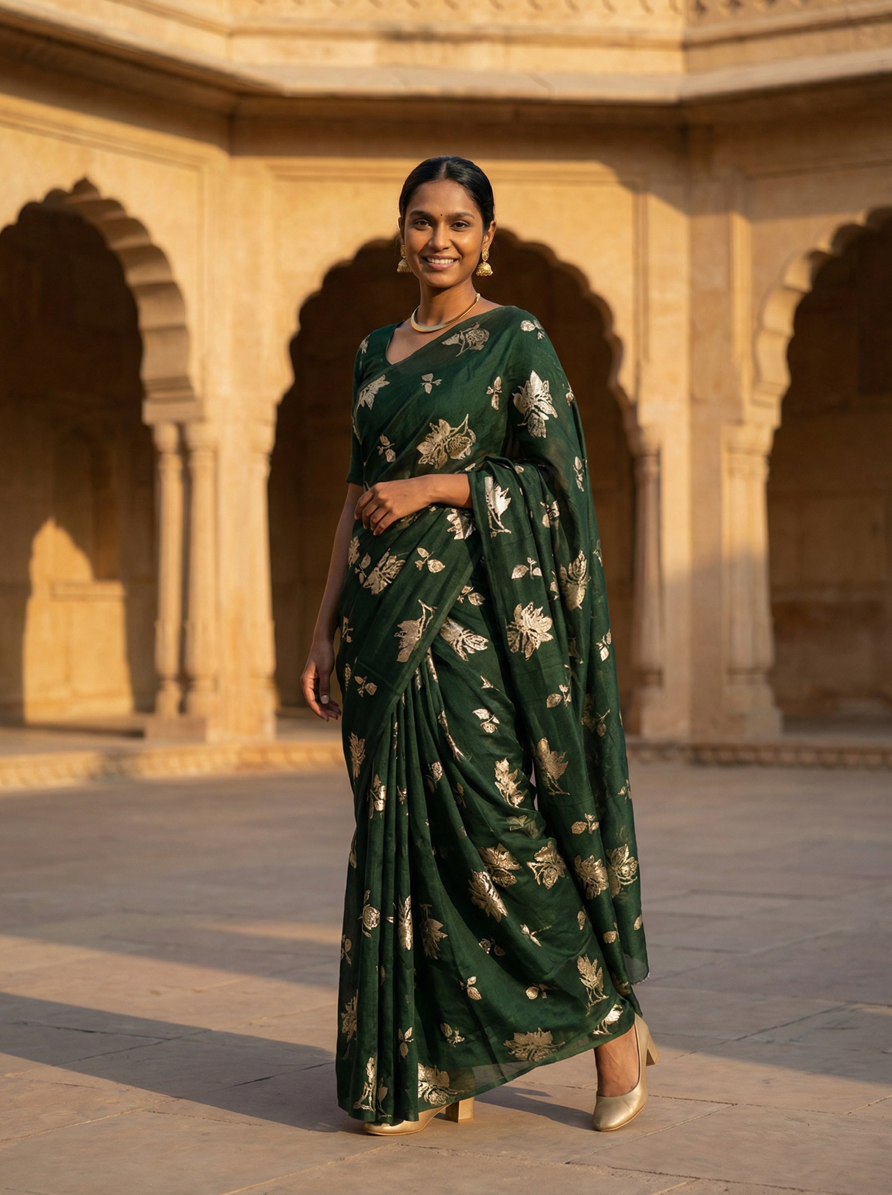 Synthetic Dark Teal Saree with Beautiful Floral Design