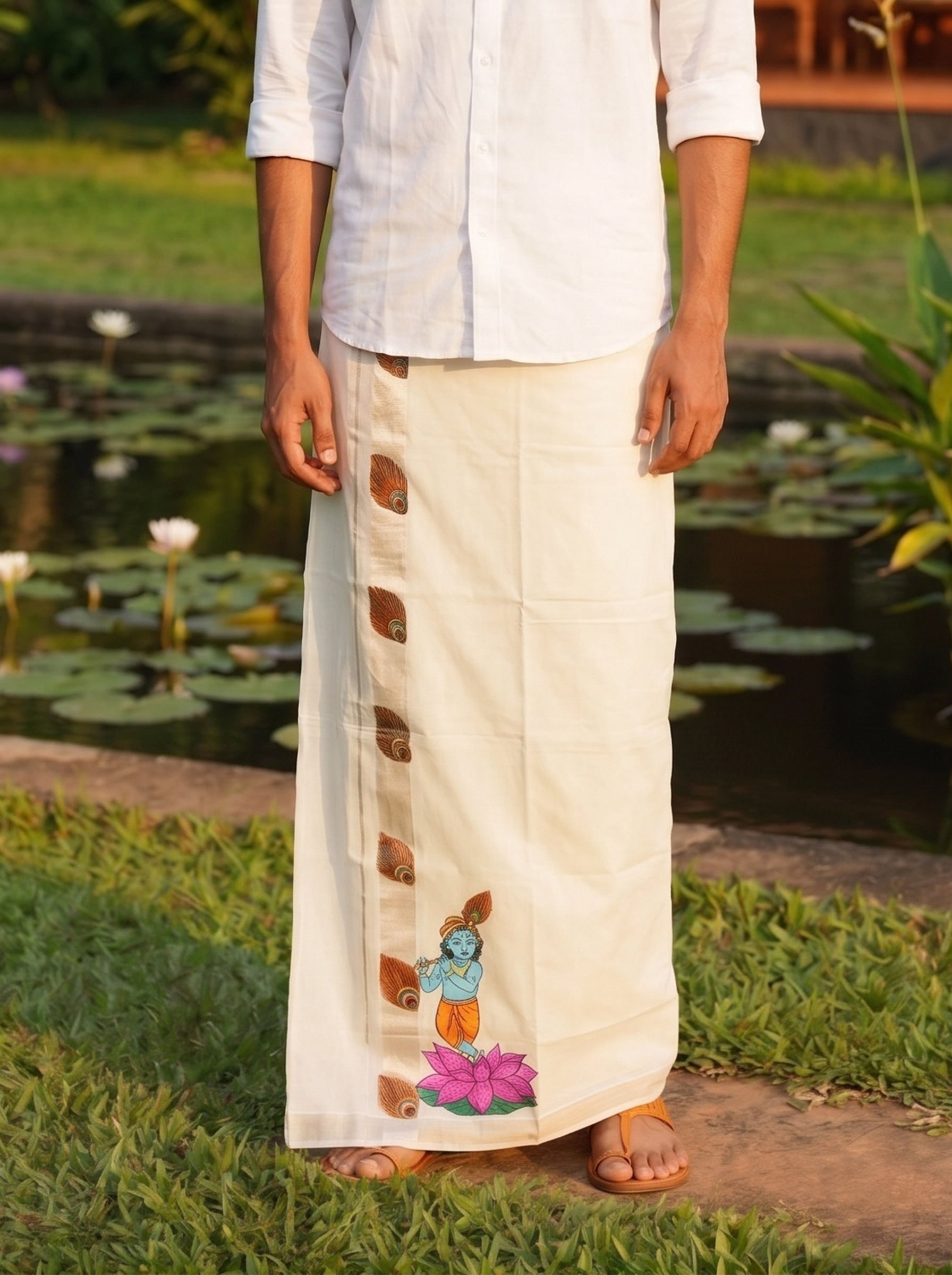 Men's Cotton Cream Lord Krishna Mural Hand Painted With Antic Silver Kasavu Dhoti