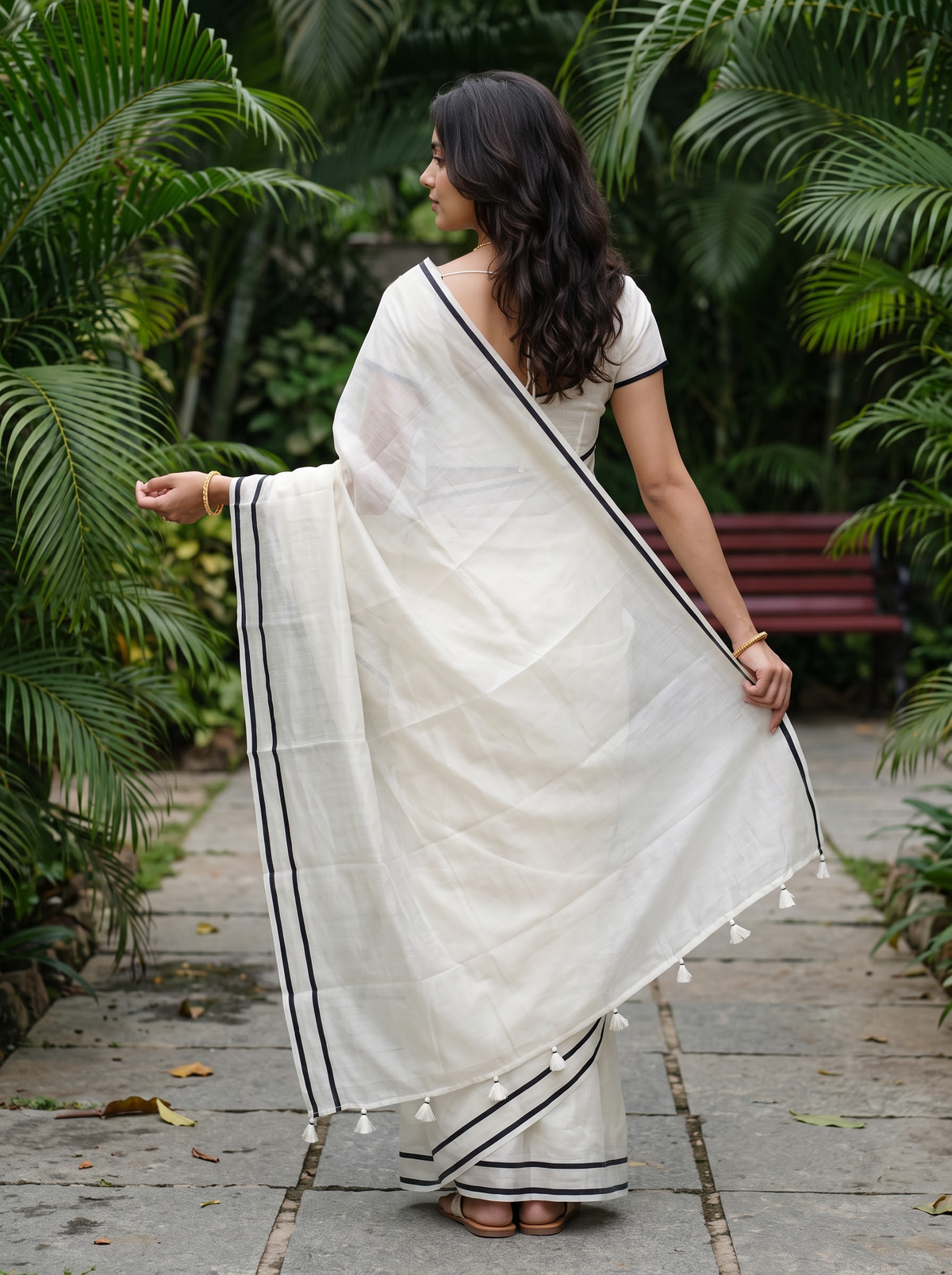 Chanderi Off White Plain Black Double Line Border Tassel Saree