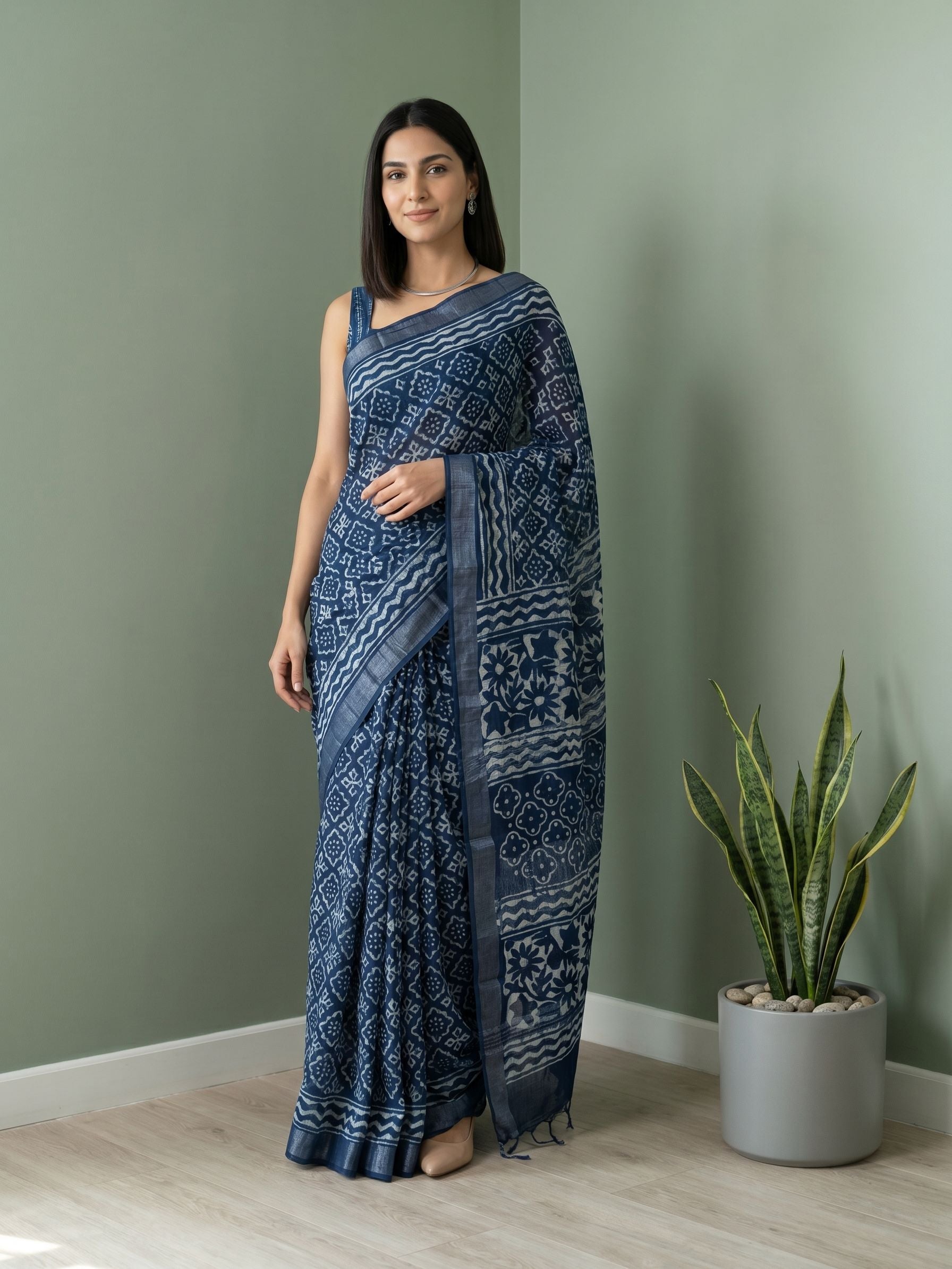 Woman wearing a blue saree standing against a green wall with a plant in the foreground.