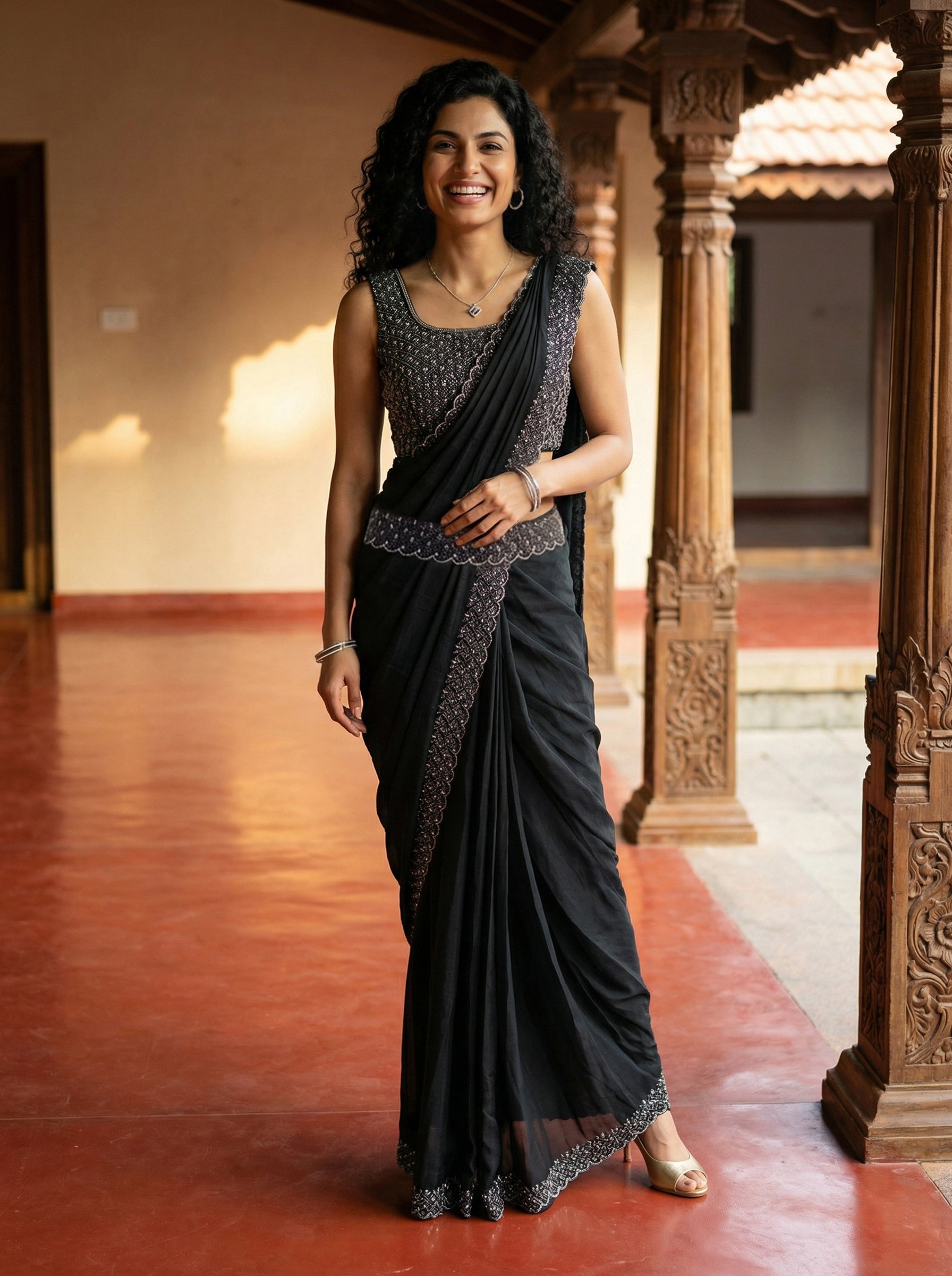 Satin Black Designer Party Ready to Wear Saree with Stone Work