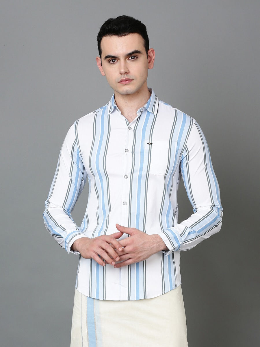 Kalyan Silks Cotton Shirt with White With Green & blue Strips by JustmyType