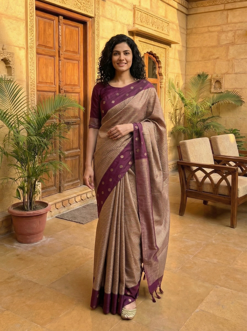 Woman in a saree standing in a traditional setting with plants and wooden furniture.