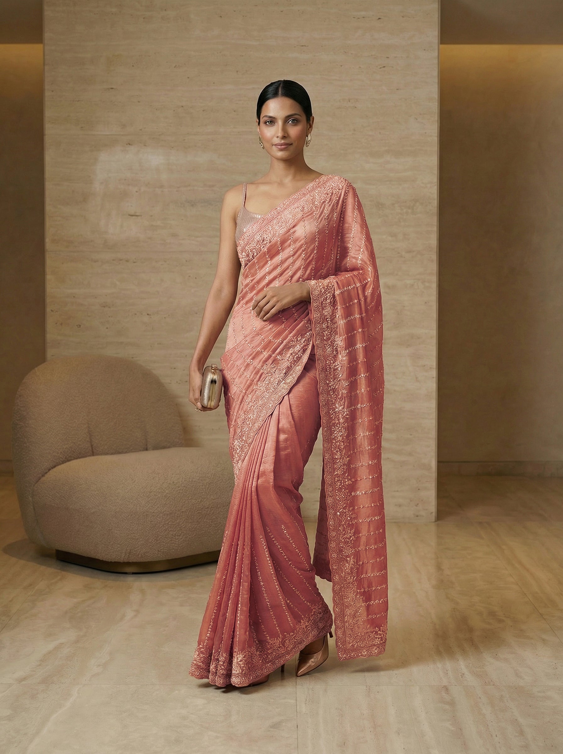 Organza Dusty Rose Pink Zari Stripe Designer Saree