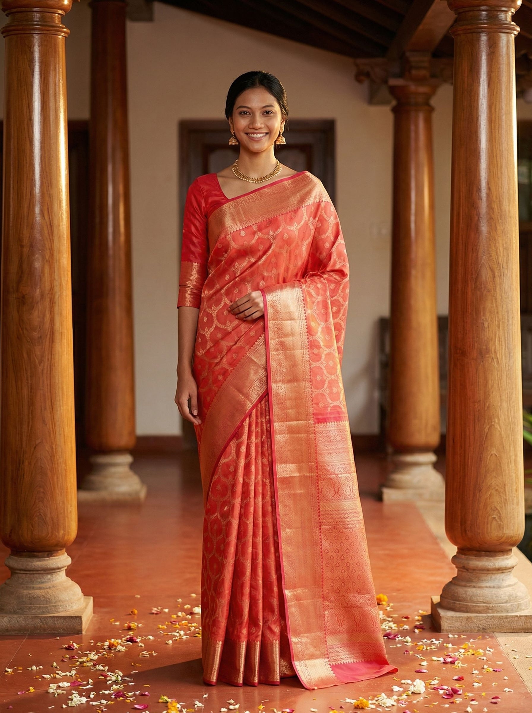Kanjivaram Pure silk Coral Pink and Matte Gold Brocade Pattern Wedding Saree