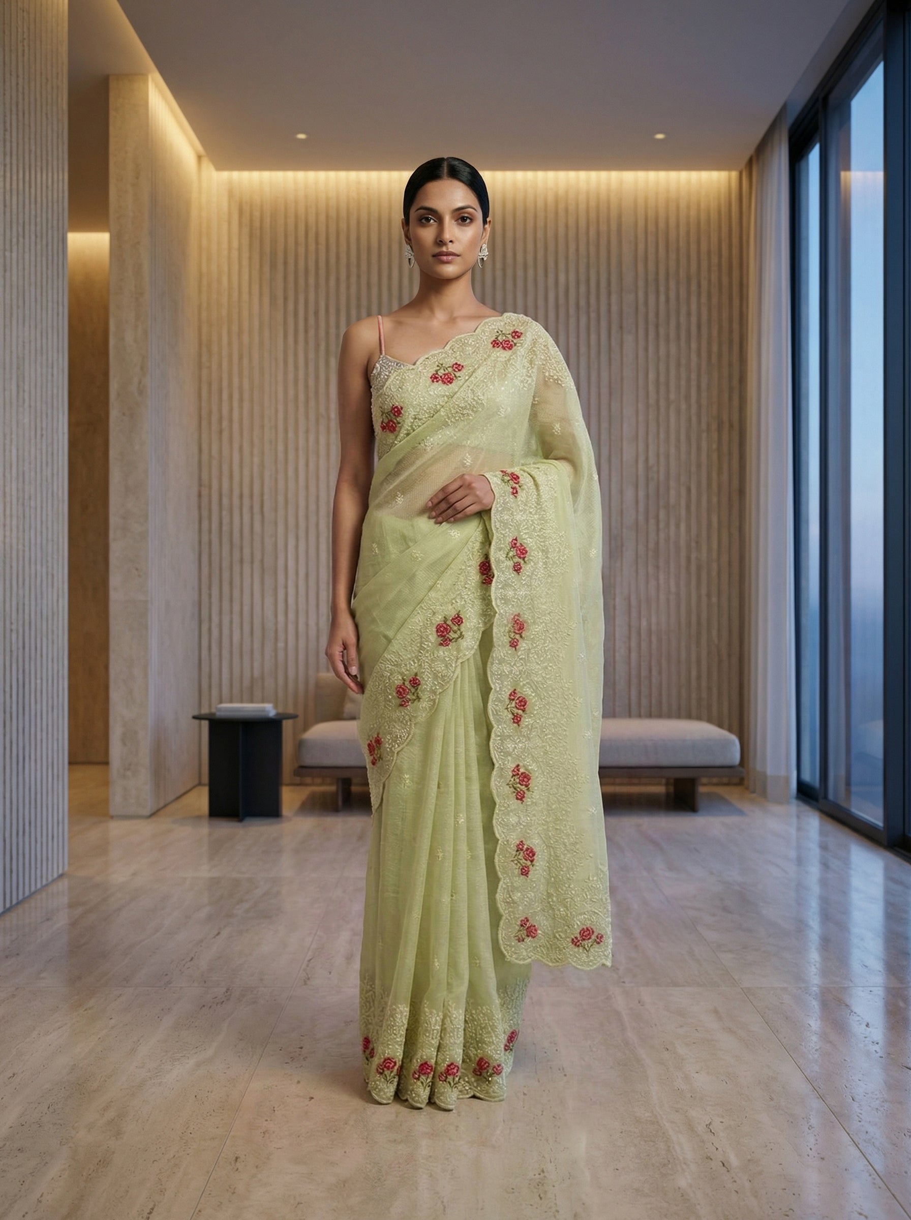 Organza Pistachio Green Floral Embroidered Designer Saree