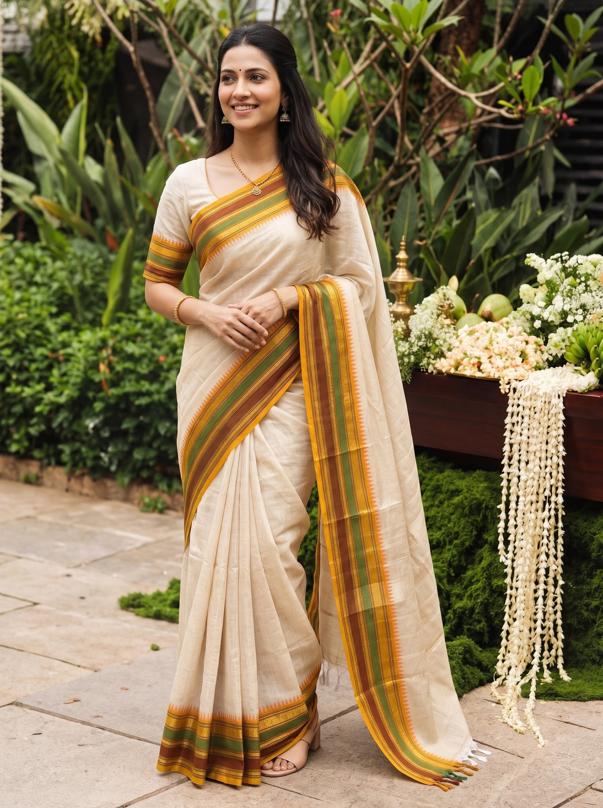 Cotton Silk Cream Golden Zari Striped Pallu Saree with Multicolor Temple Border