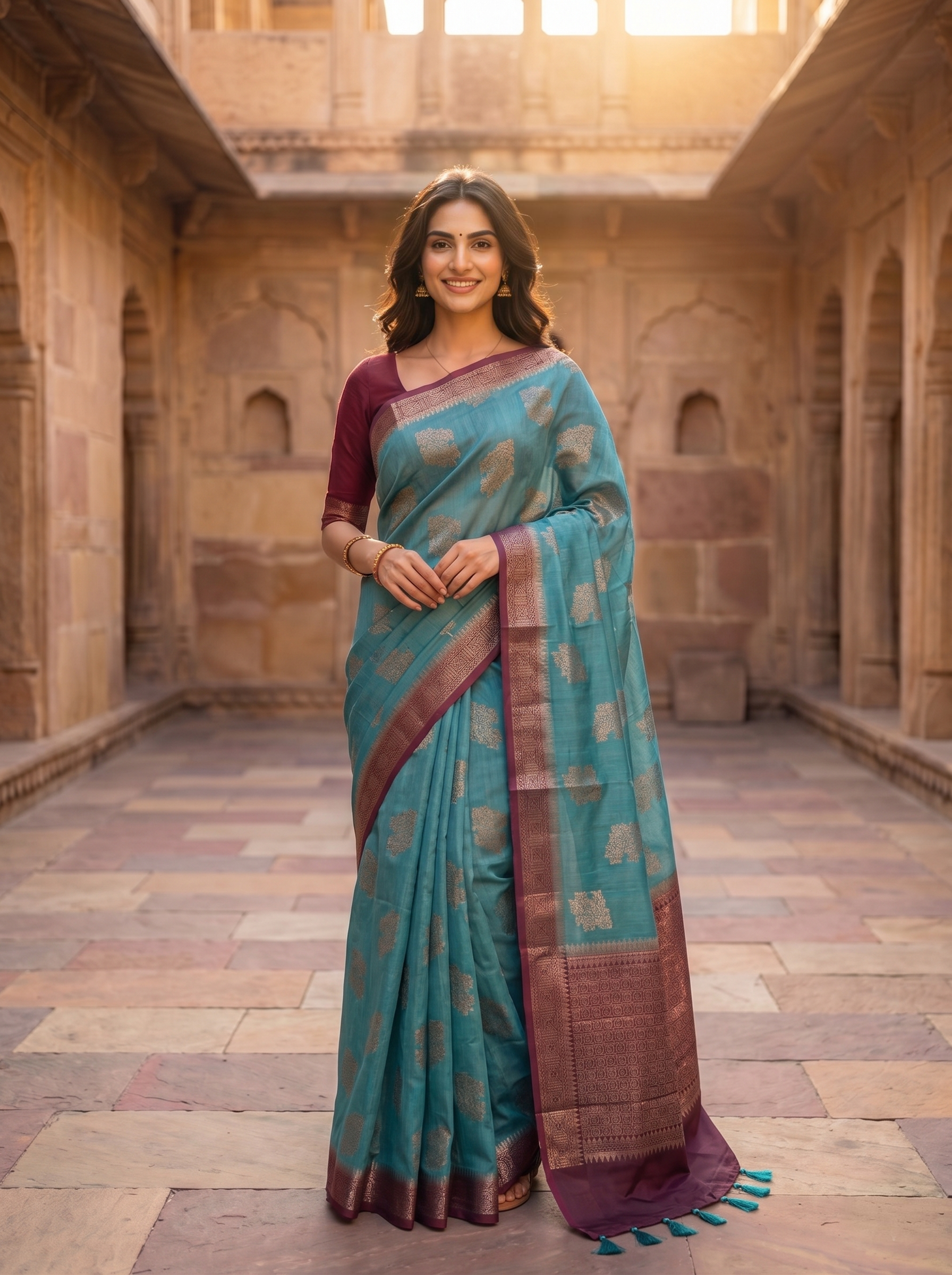 Woman in a teal and purple saree standing in an architectural setting