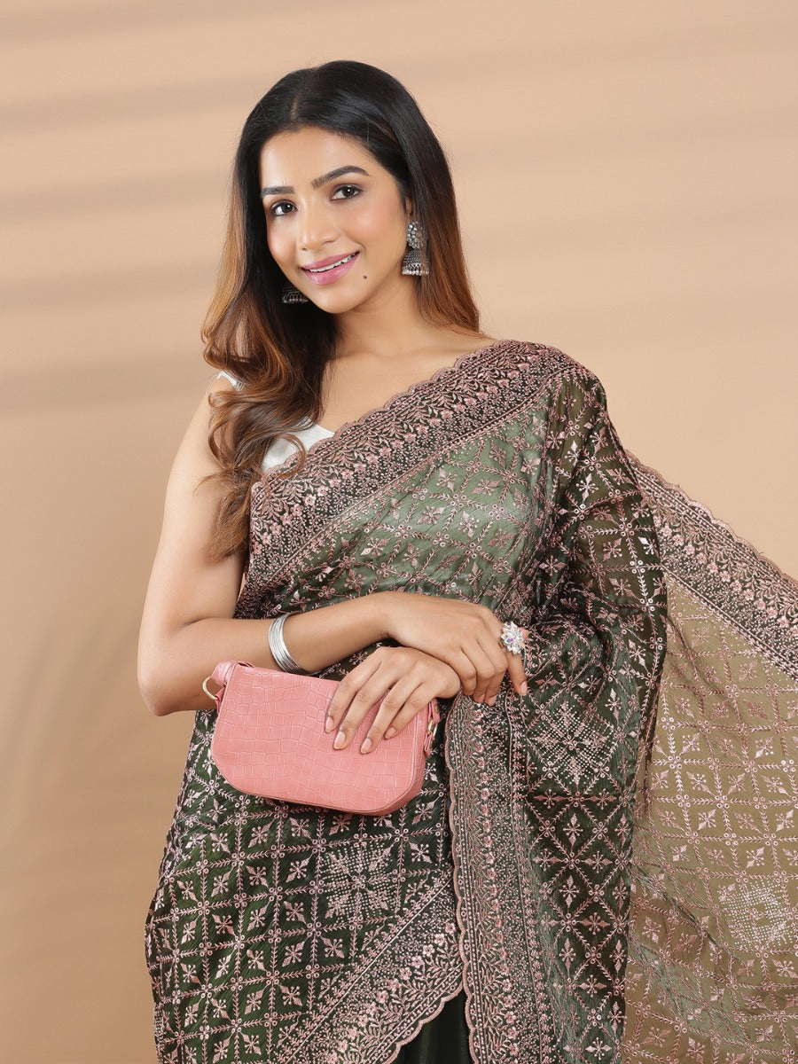 Green Color Glass Organza Copper Embroidered Saree With Mini Stone Work On Body