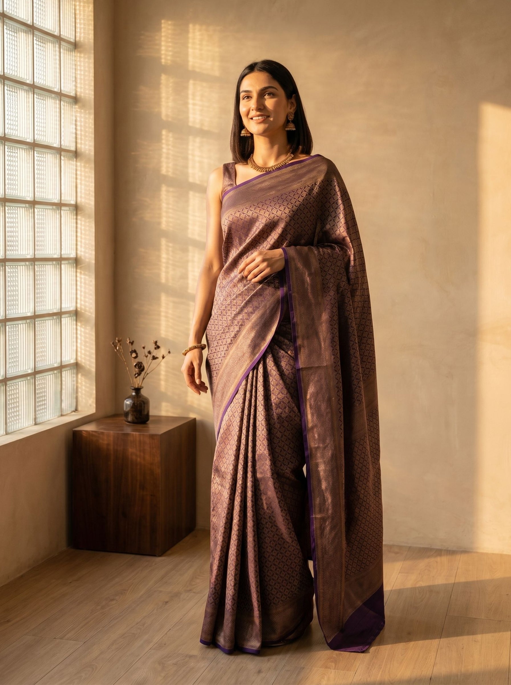 Pure Silk Mauve Purple All Over Zari Jaal Saree