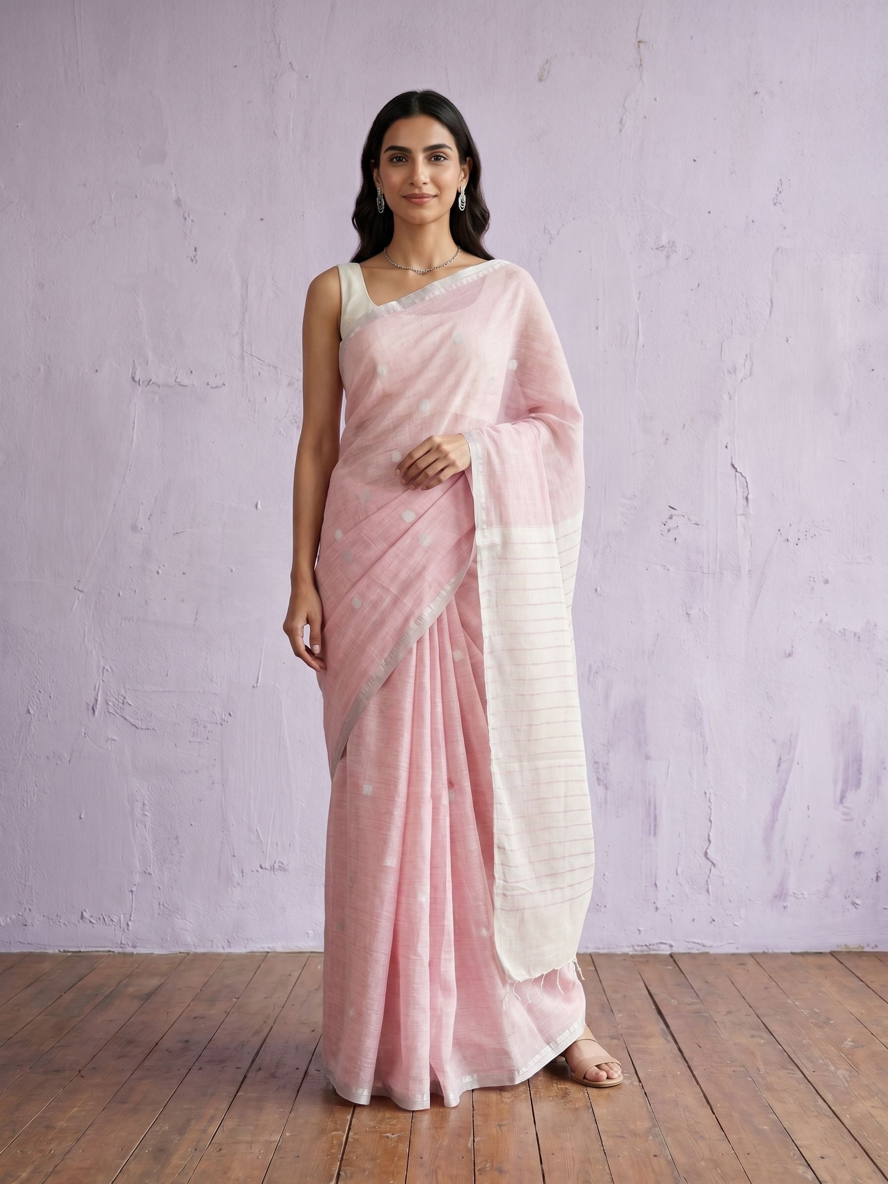Semi  Linen Baby Pink Polka Dot Jacquard Saree with Off-White Striped Pallu Border