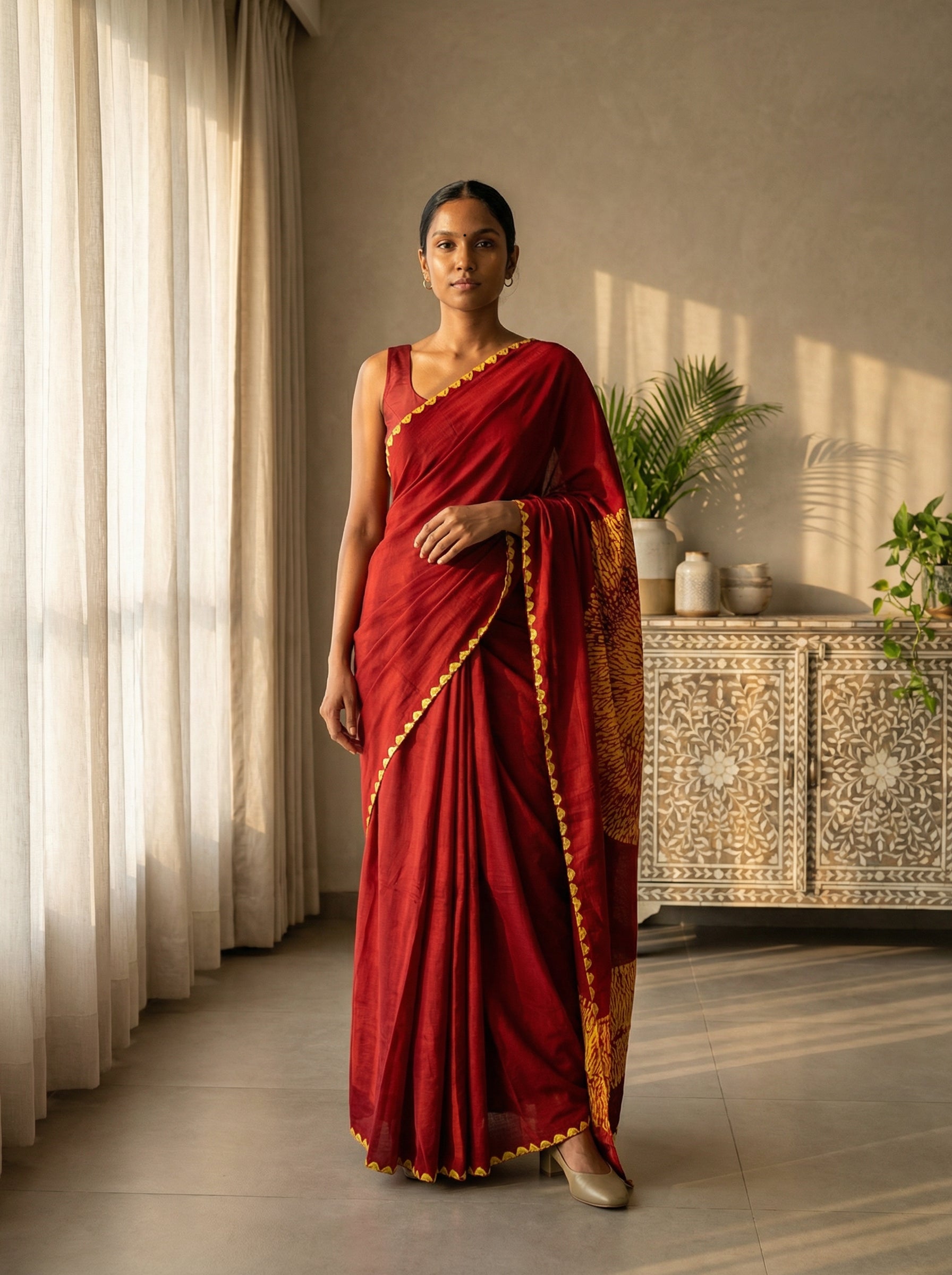 Modal Crimson Red Scallop Border Saree
