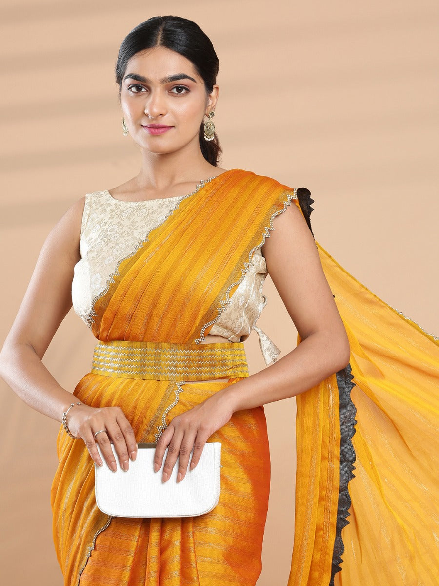 Mustard Yellow Color Shimmer Chiffon Striped Saree With Scalloped Stone worked Border & Belt