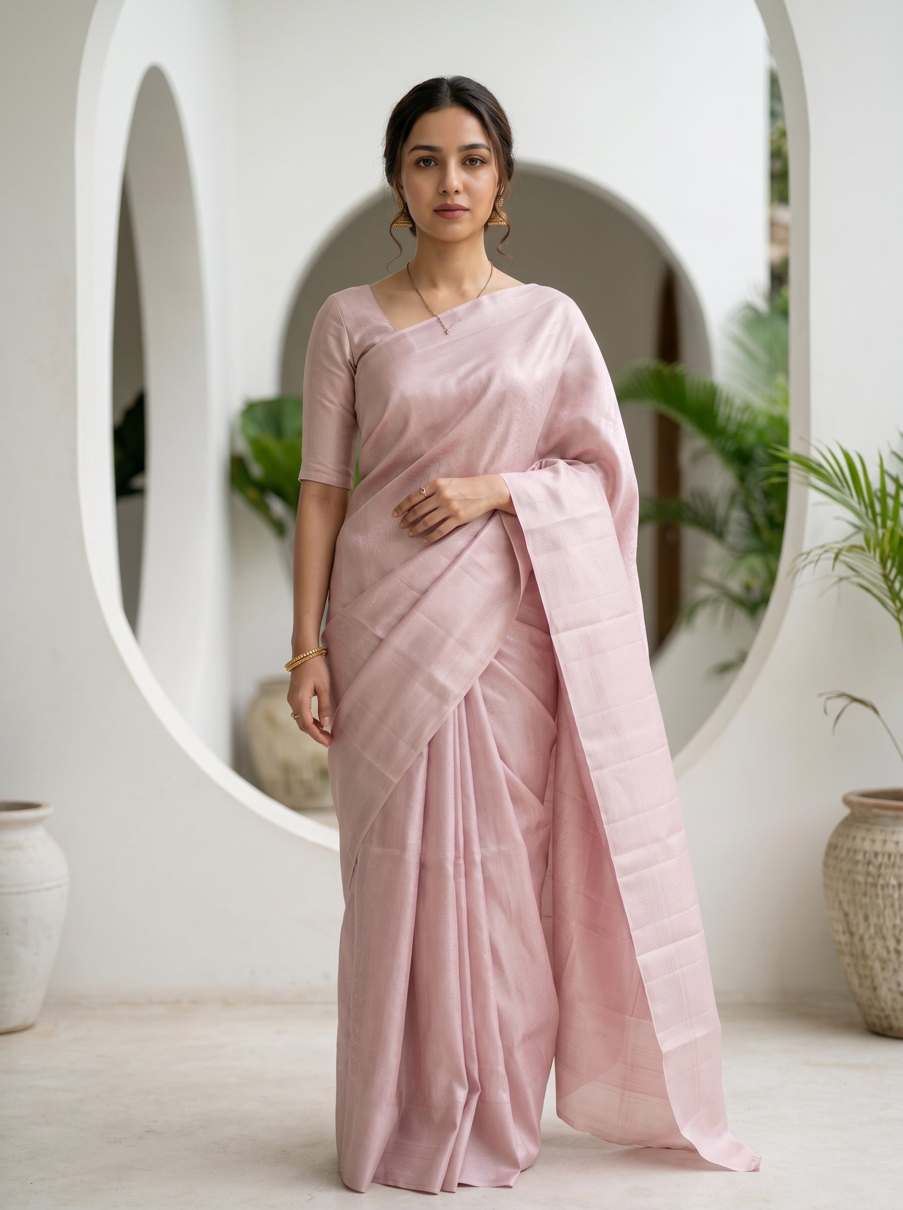 Woman wearing a light pink saree in a minimalistic setting with plants.