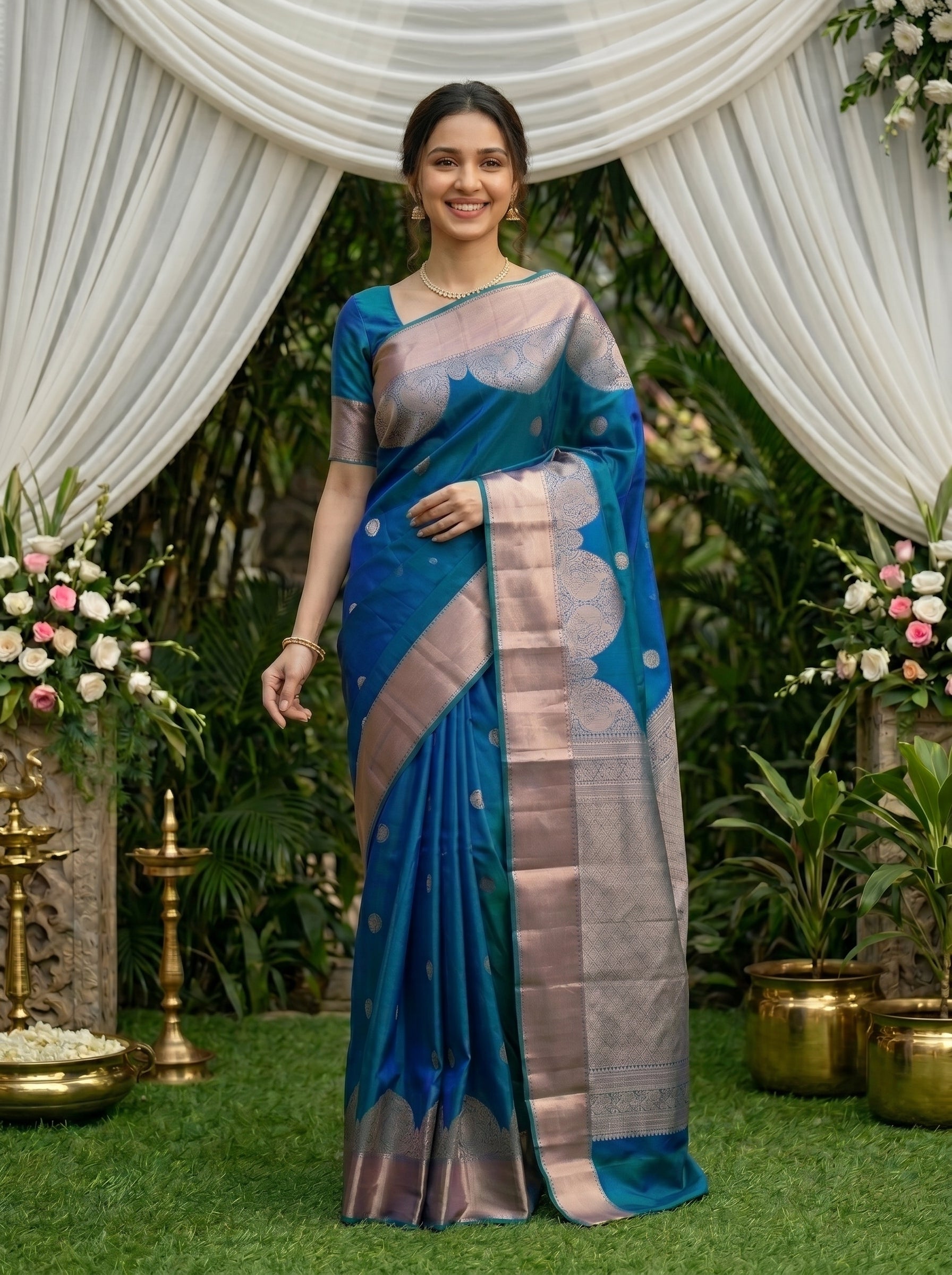 Kanjivaram Saree in Peacock Blue with Silver Zari Border & Traditional Buttas