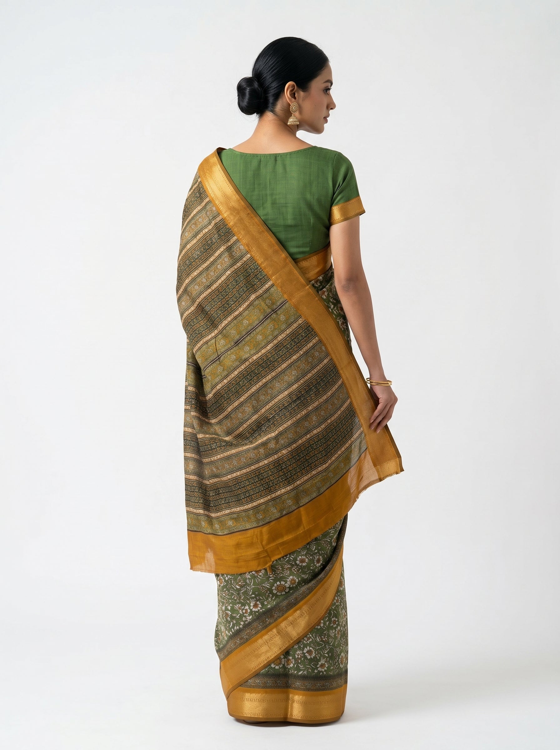 Chanderi Cotton Olive Green Floral Printed Saree