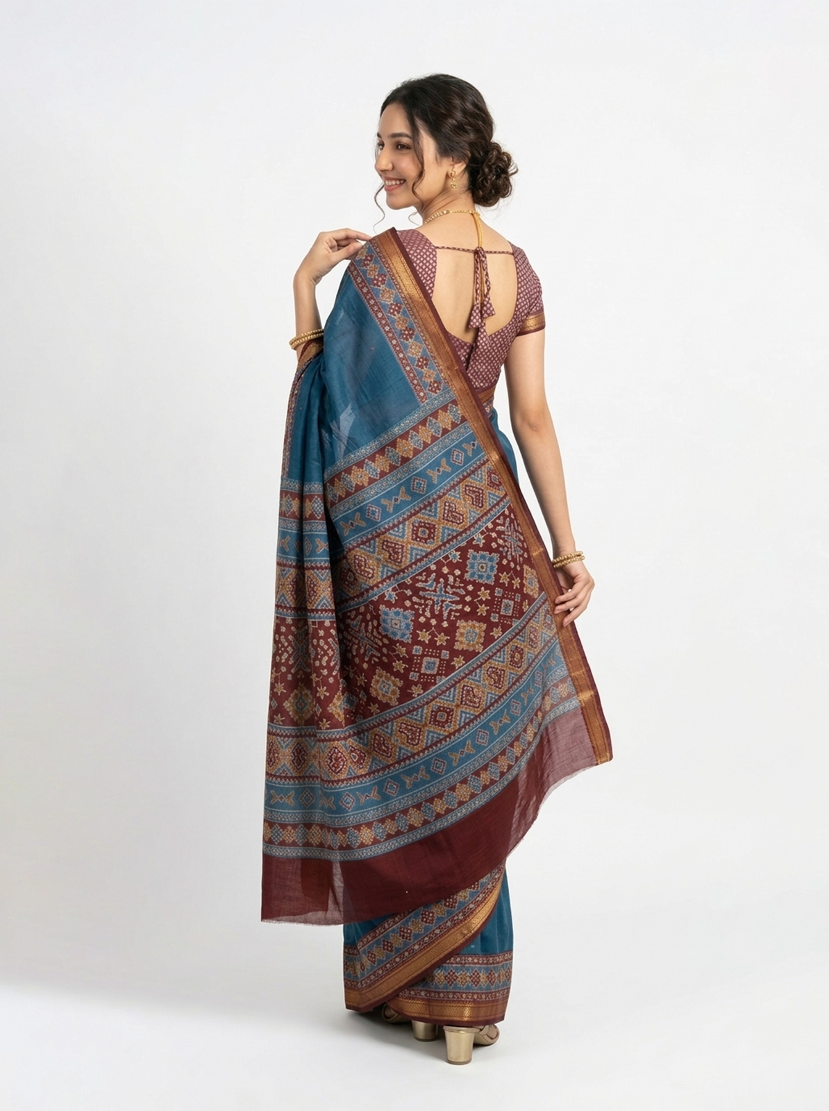 Chanderi Teal Blue Ikat Border Saree