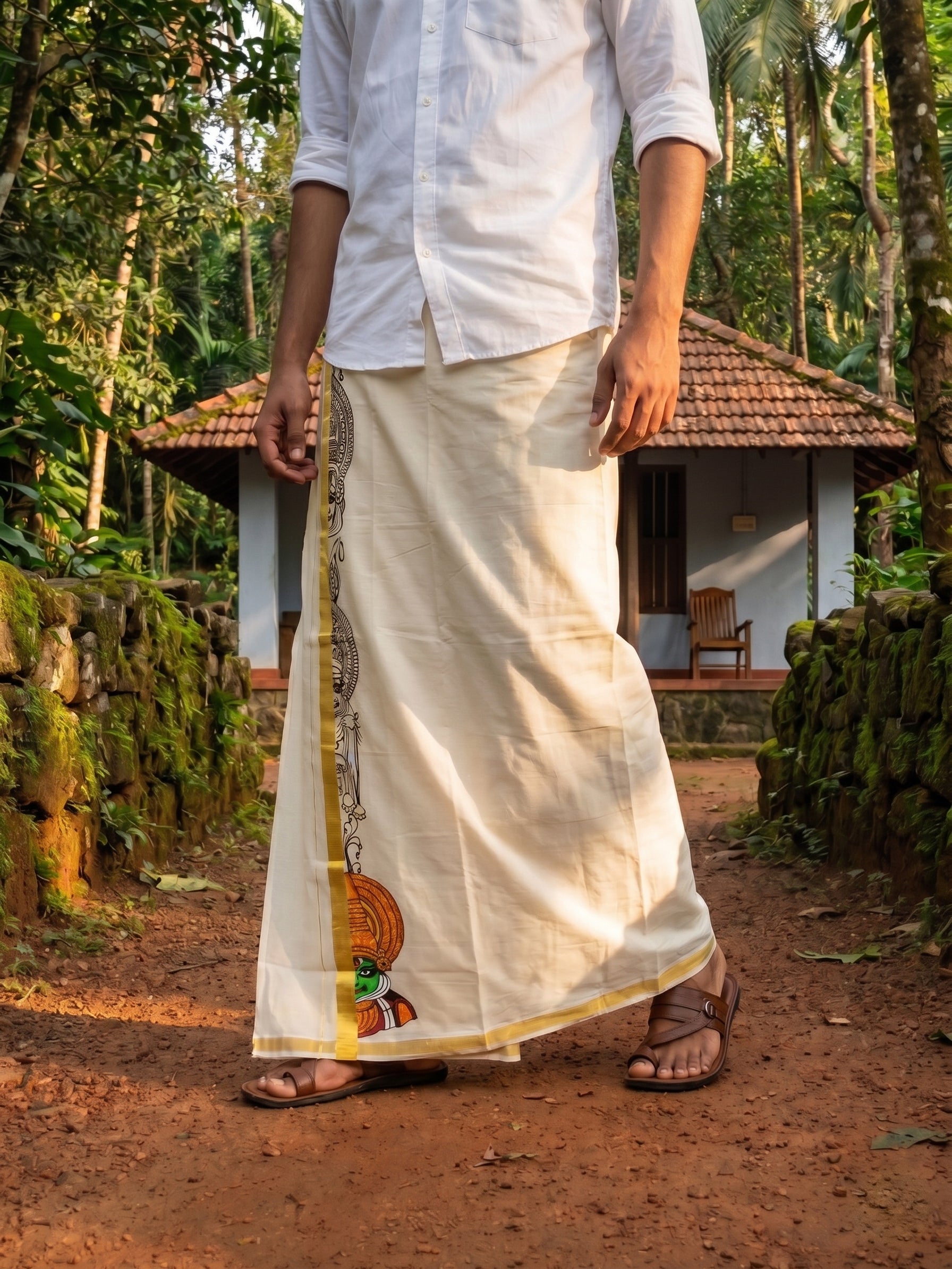 Men's Cotton Cream Kerala Kathakali Hand Painted With Antic Silver Kasavu Dhoti