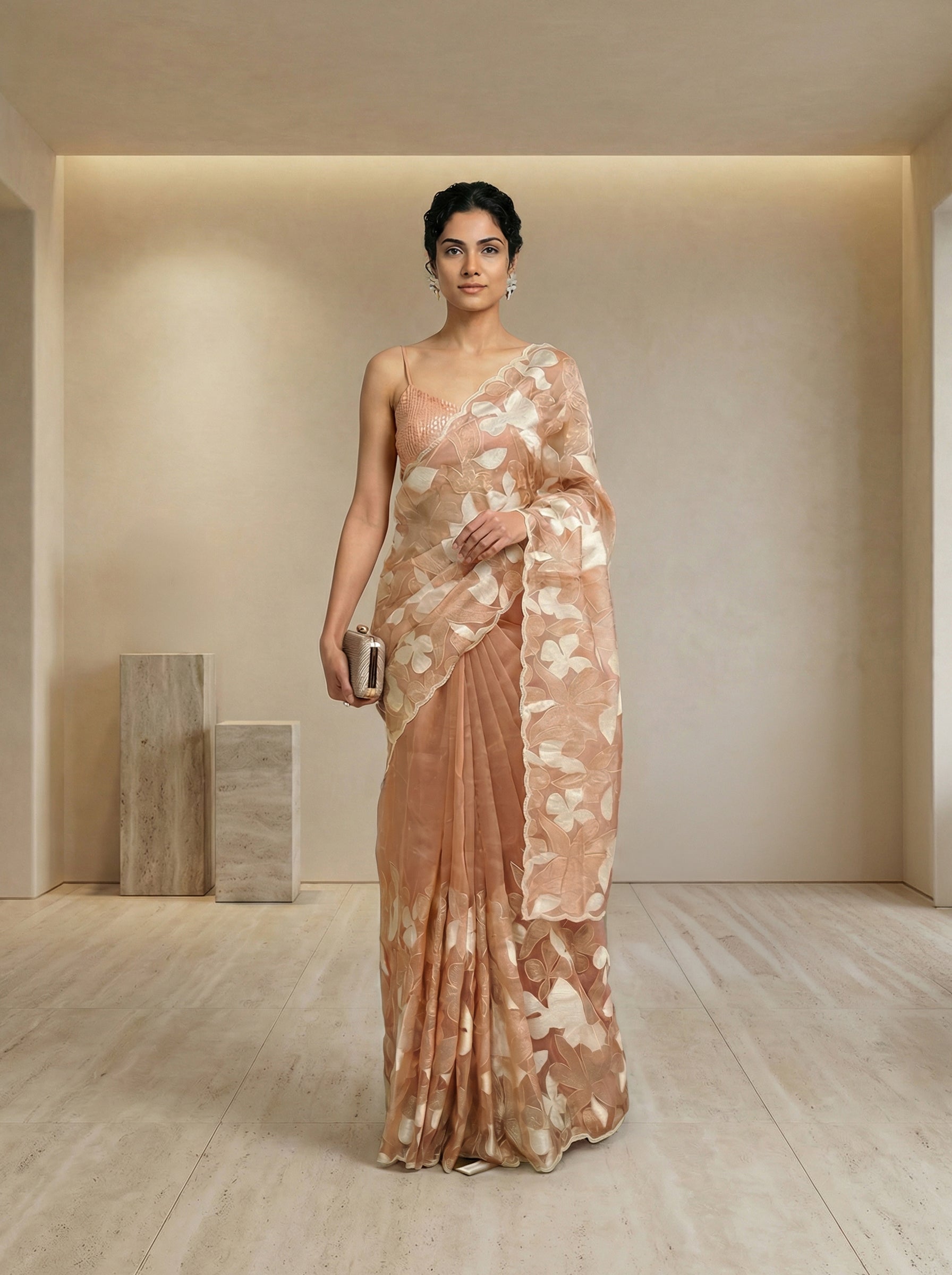 Organza Nude Peach Floral Pattern Designer Saree