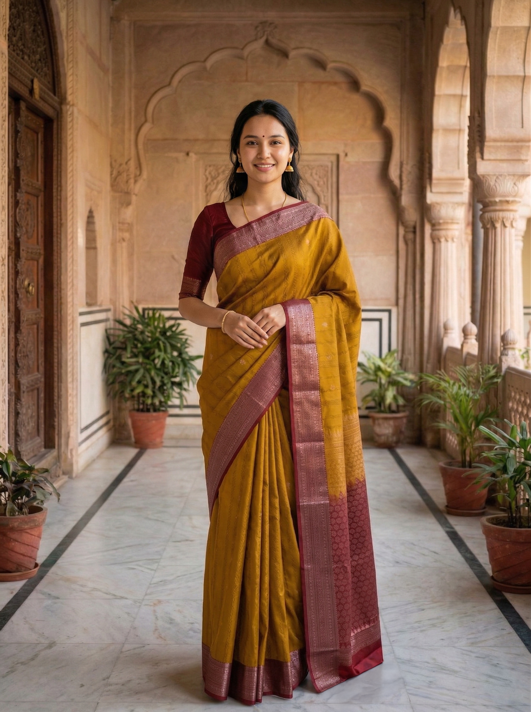 Semi Silk Mustard Ochre Self-Design Saree with Maroon Border