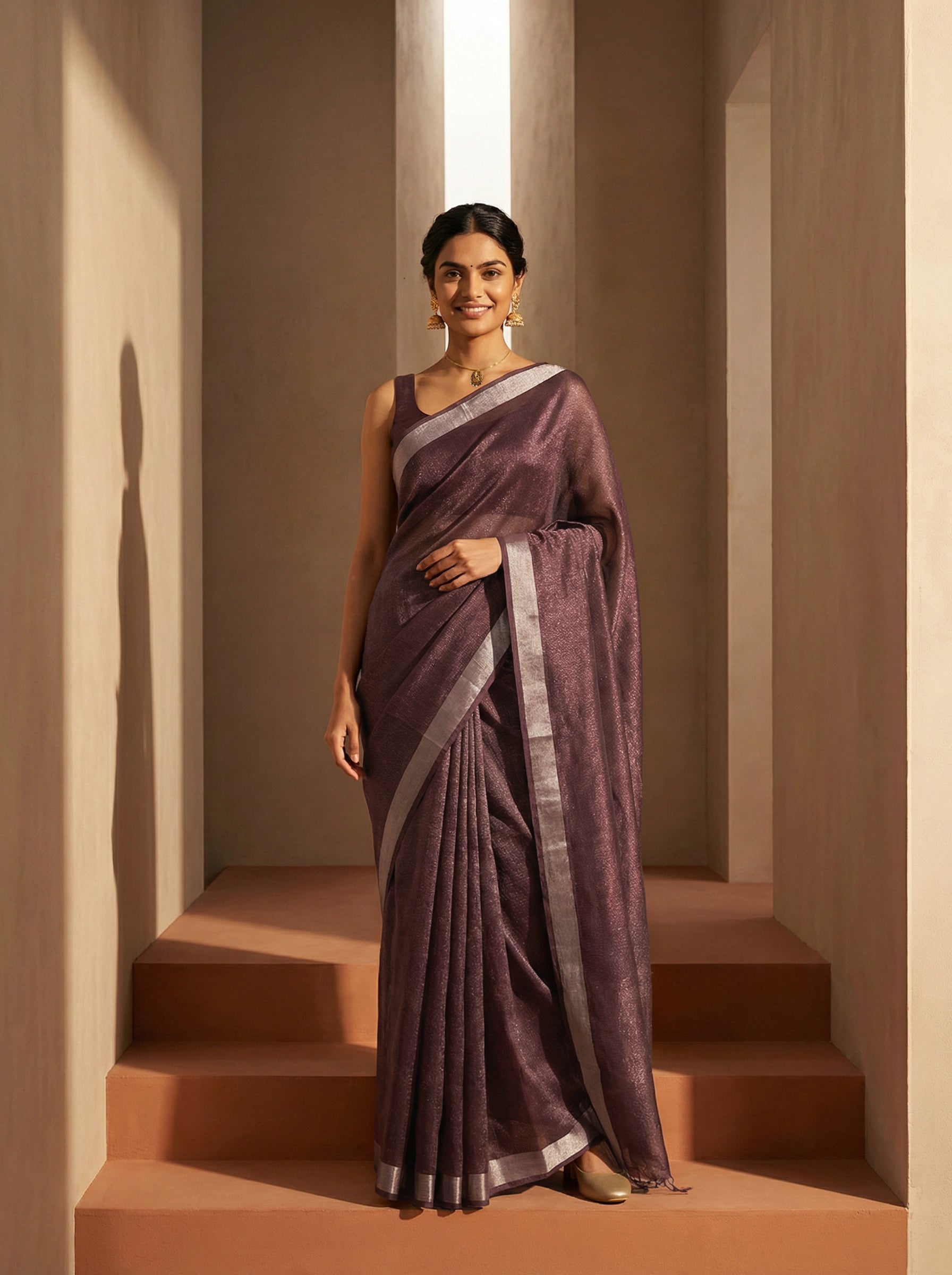 Synthetic Purple Saree with Minimal Plain Design