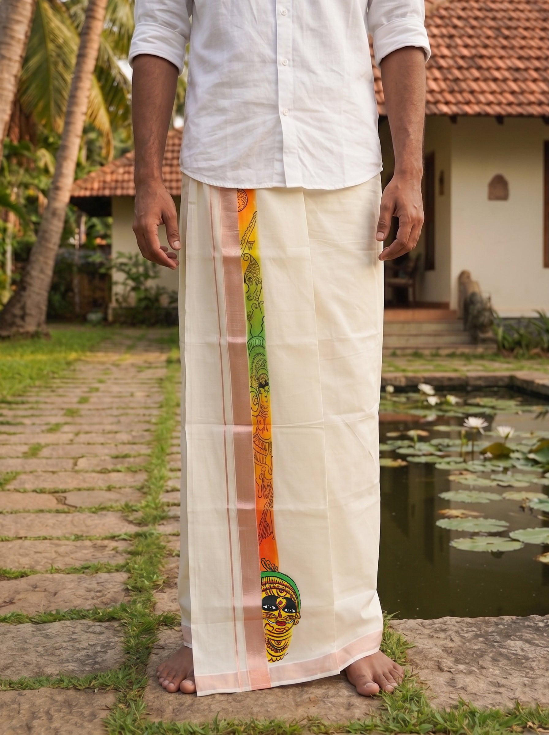 Men's Cotton Cream Theyyam Mural Hand Painted With Rose Gold Kasavu Dhoti