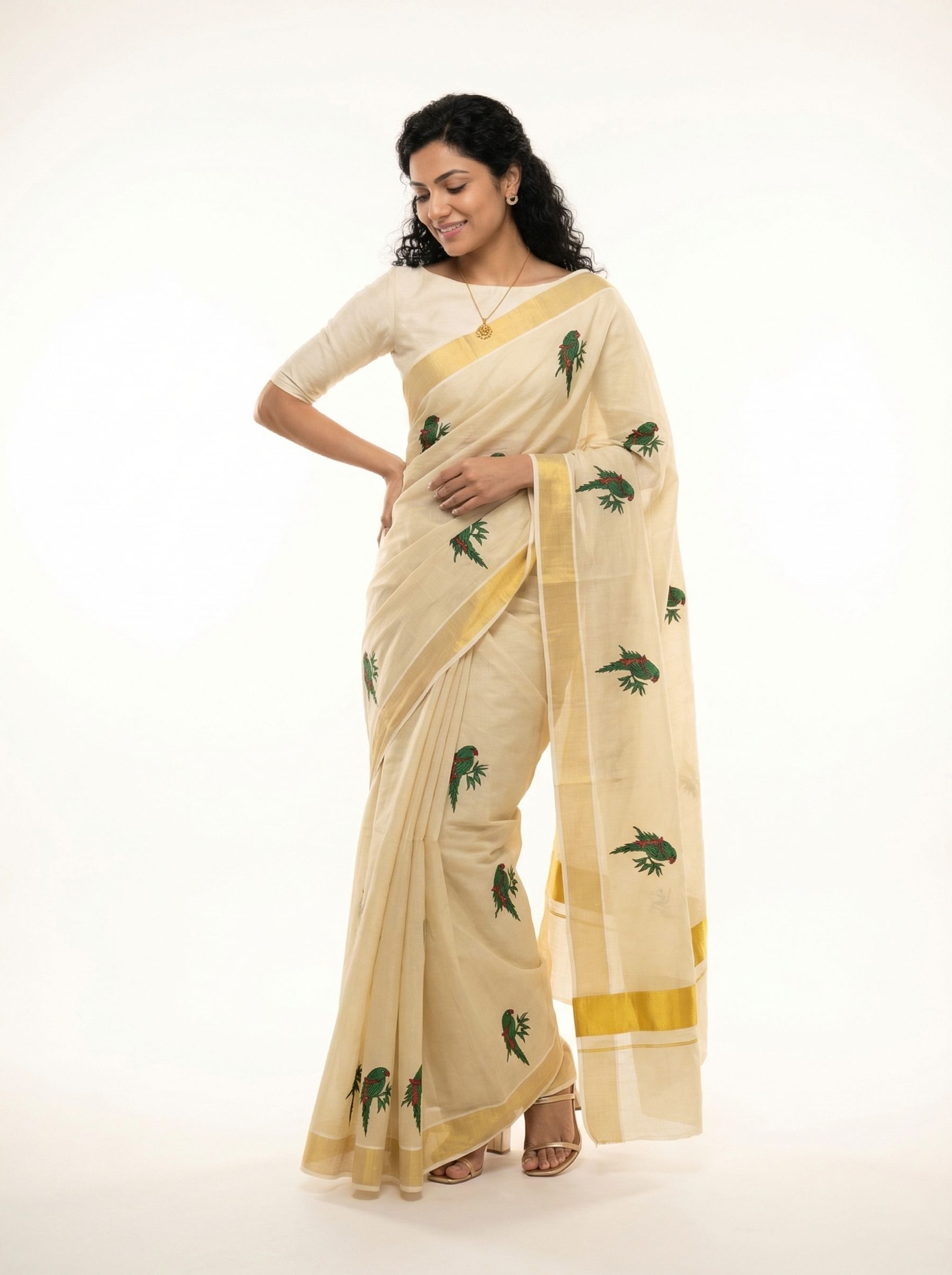Cotton Cream Saree with Parrot Motif Print Pattern Set Saree