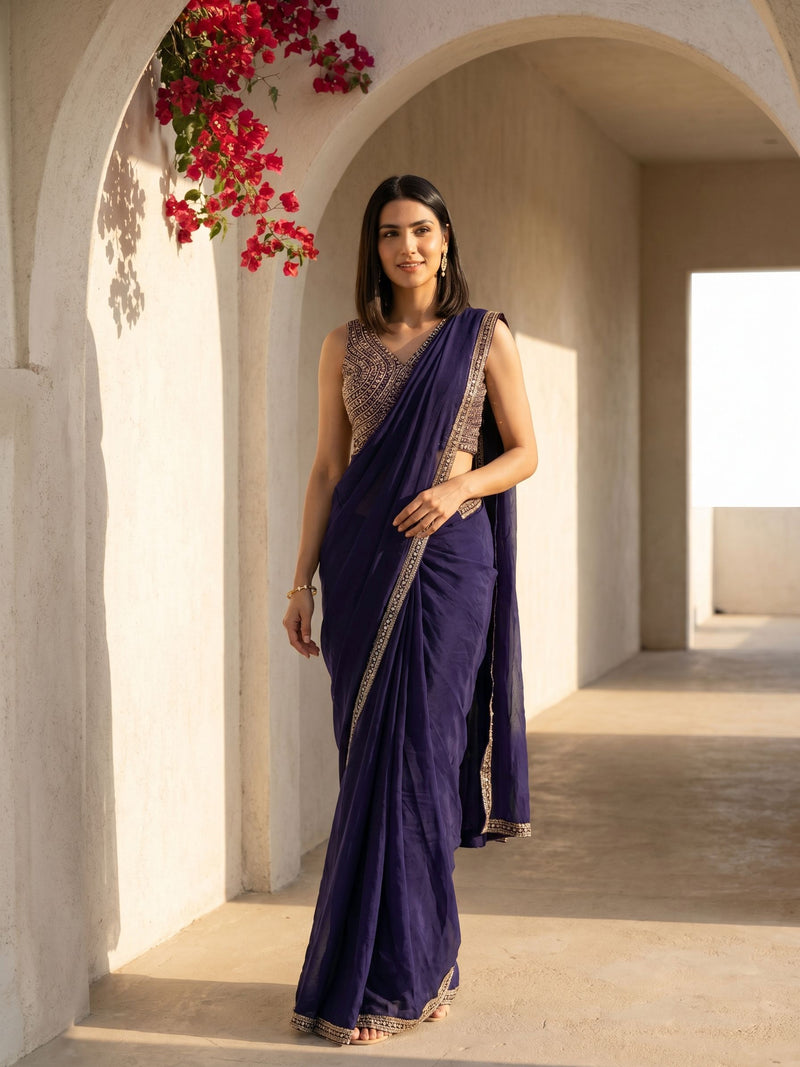 Woman in a purple saree standing in a sunlit archway with flowers above.