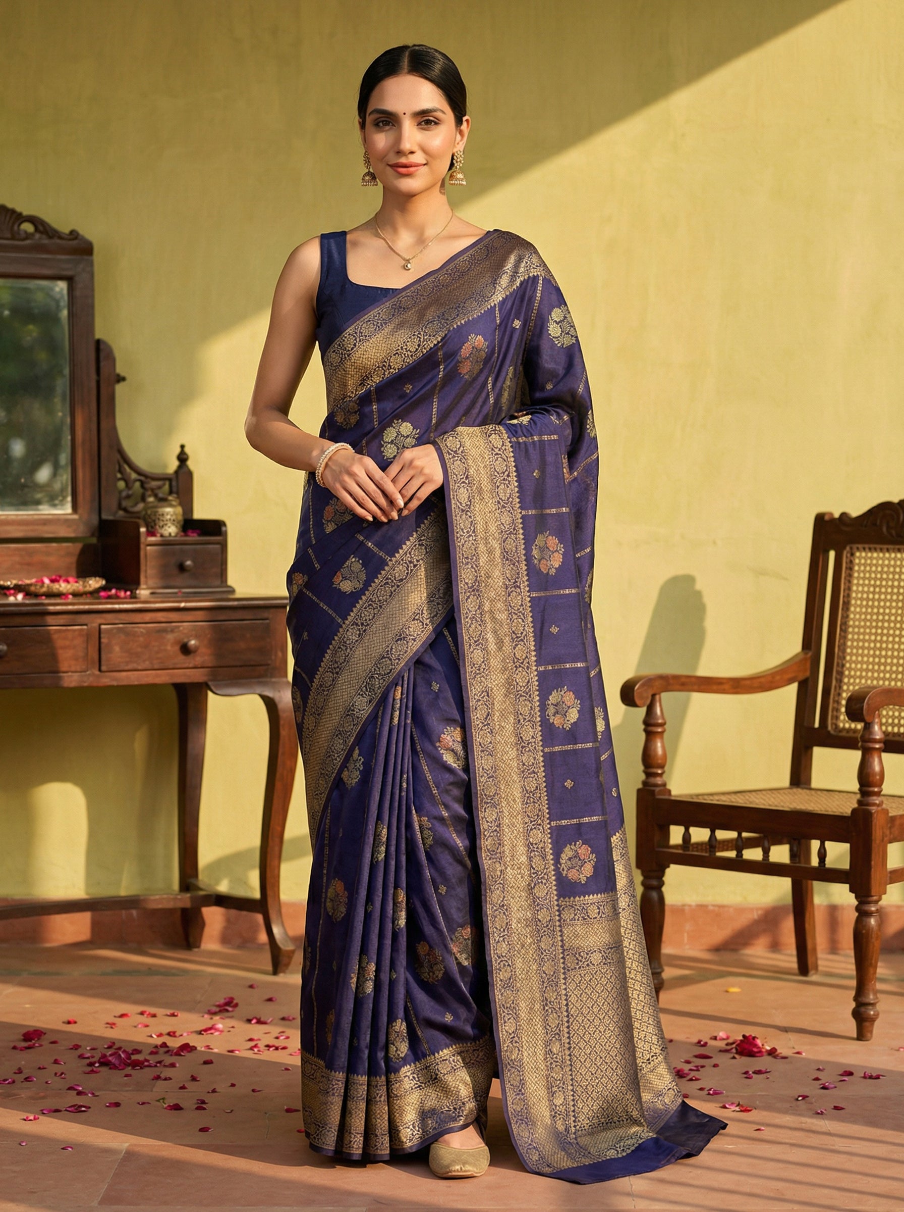 Jute Purple Zari Stripe Saree