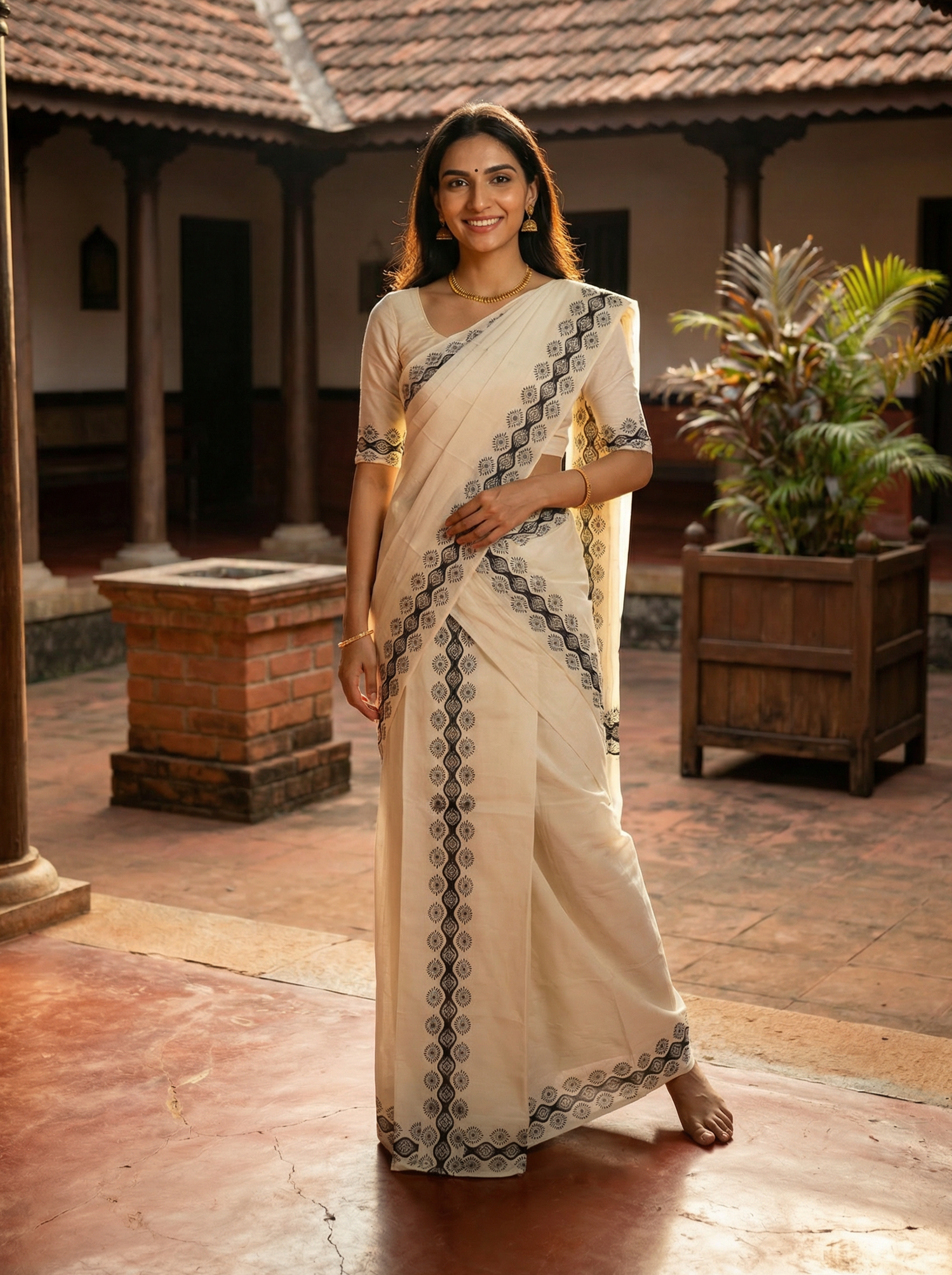 Woman in a traditional saree standing in an outdoor setting with plants and a building in the background.