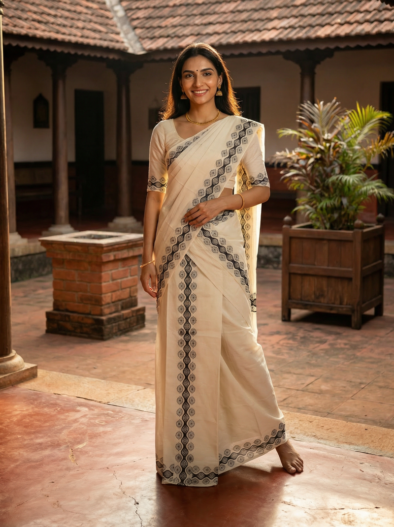 Woman in a traditional saree standing in an outdoor setting with plants and a building in the background.