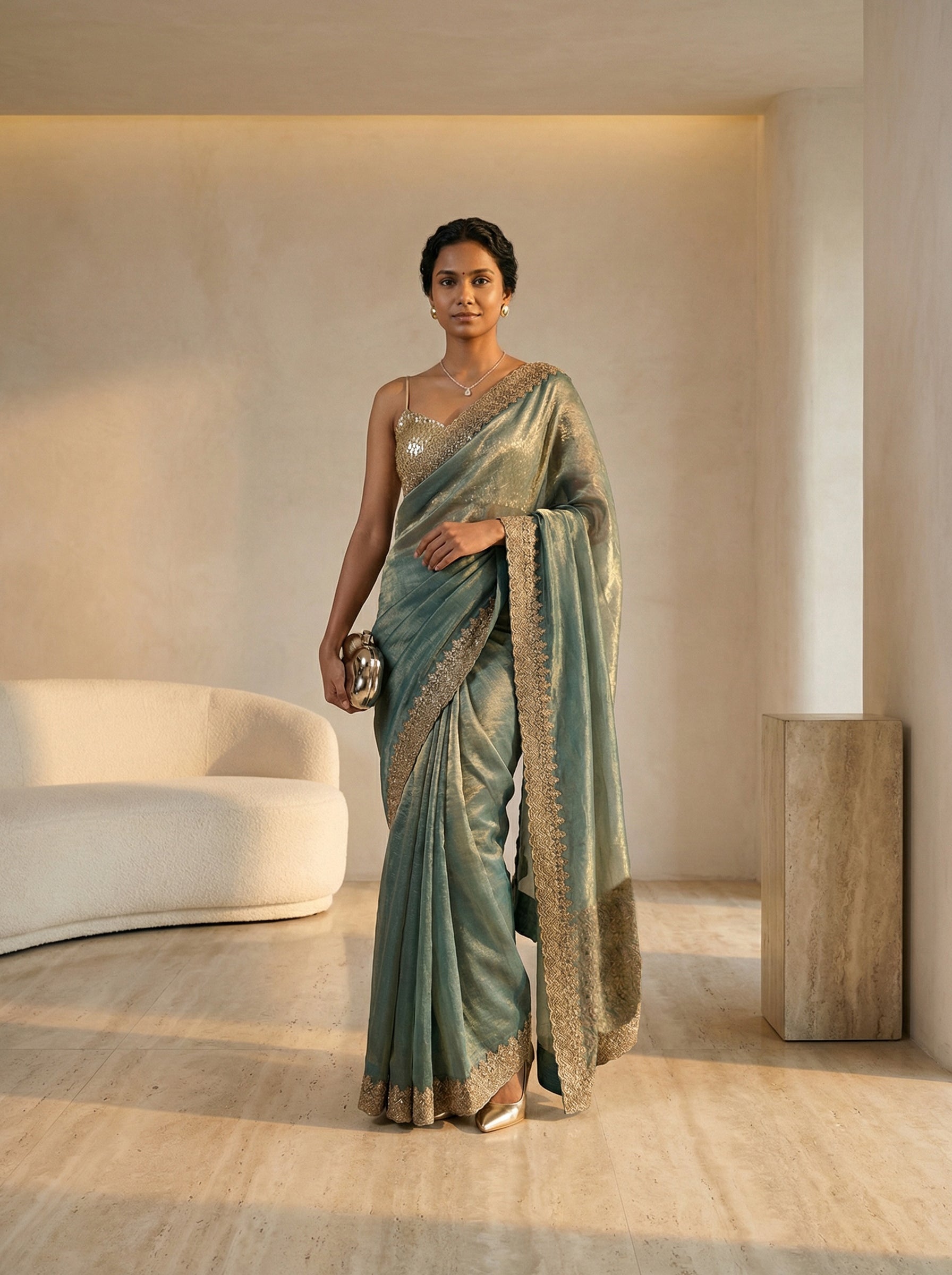 Organza Sage Green Border Designer Saree