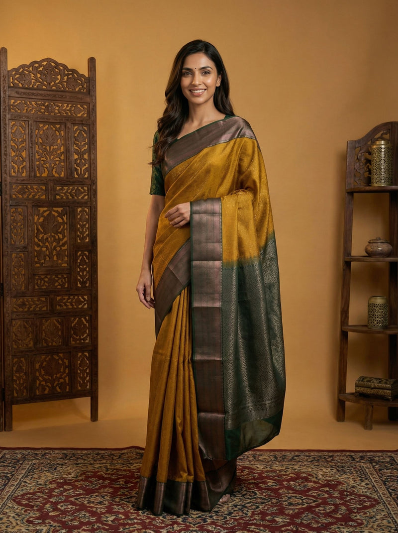 Woman wearing a traditional saree standing in a room with wooden decor and a rug.