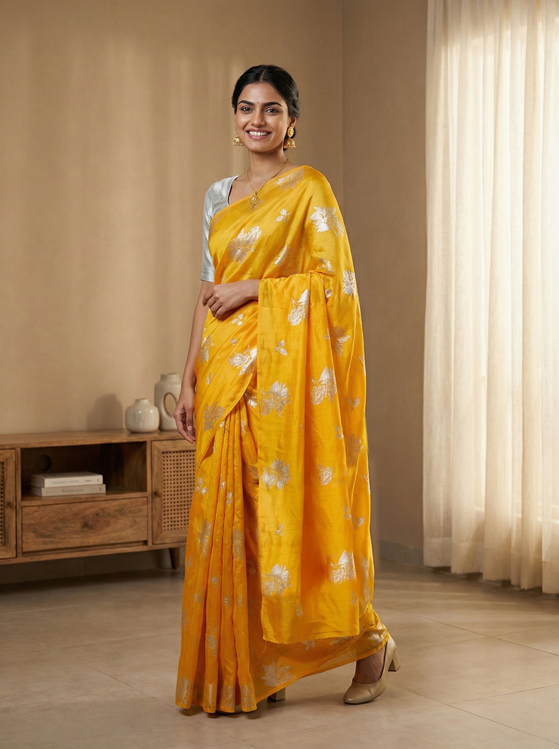 Synthetic Yellow Saree with Allover Floral Motifs