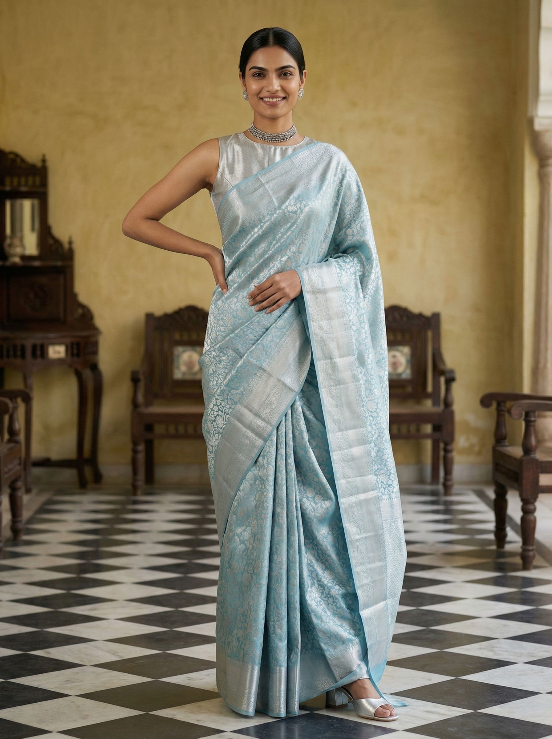 Kanjivaram Pure Silk Metallic Sky Blue and Silver Floral Motif Saree with Traditional Pallu