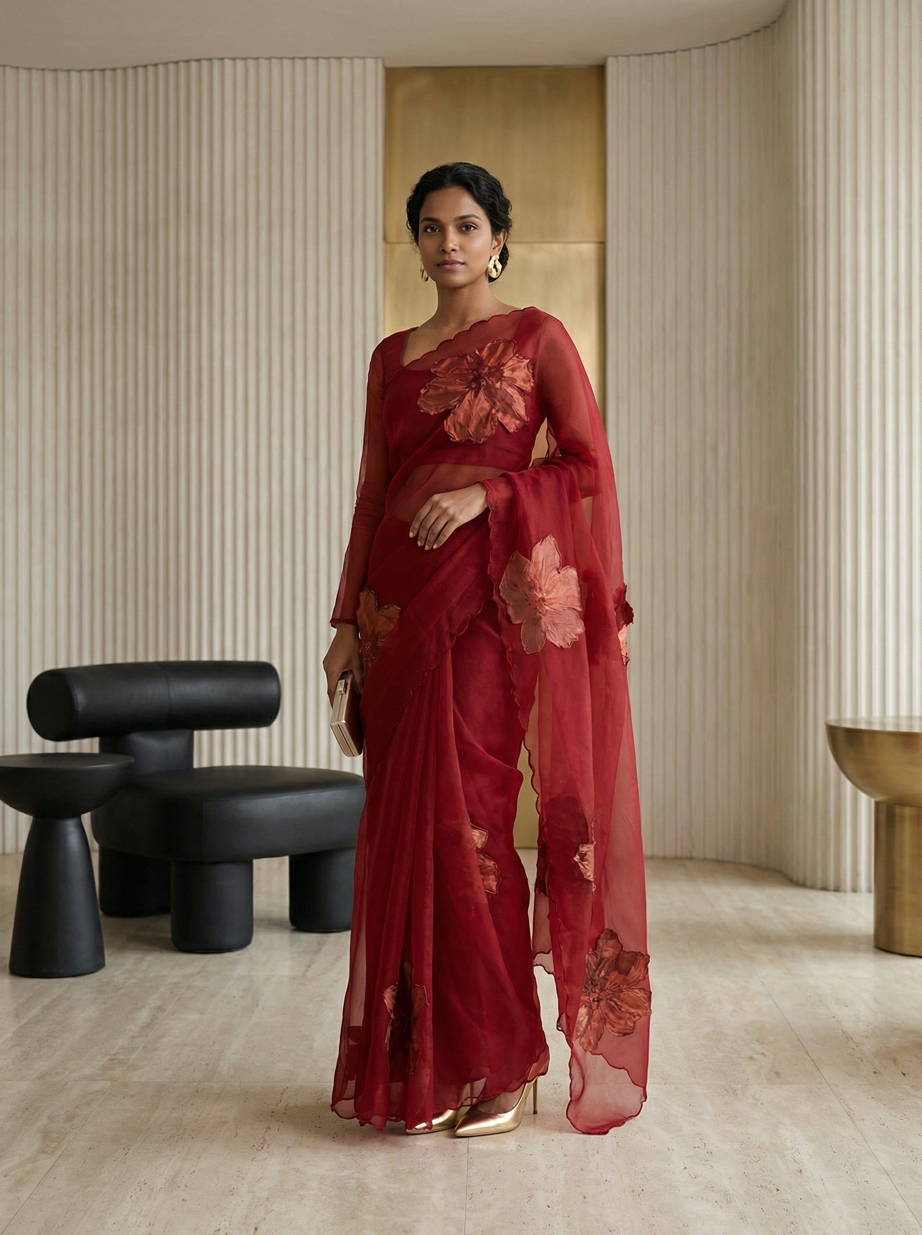 Organza Red Floral Motif Designer Saree