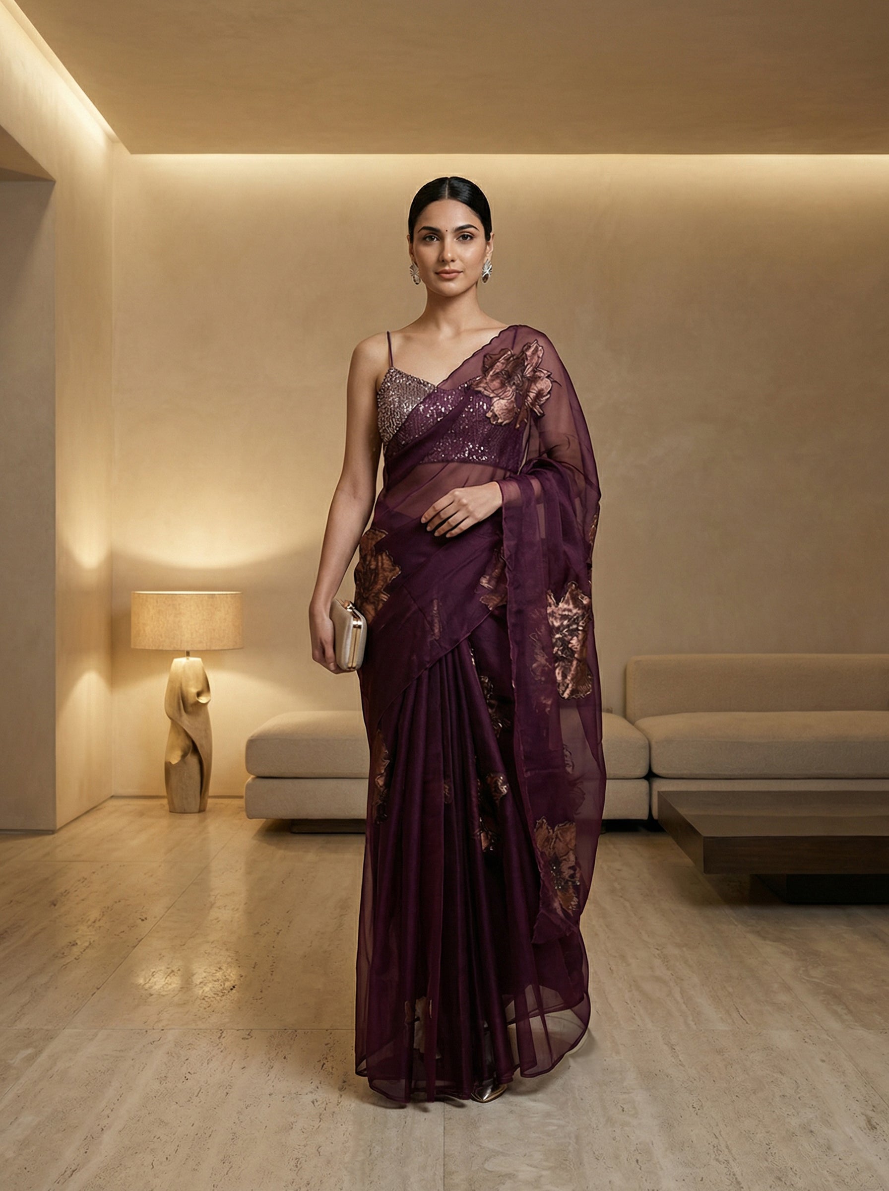 Organza Vioet Floral Motif Designer Saree