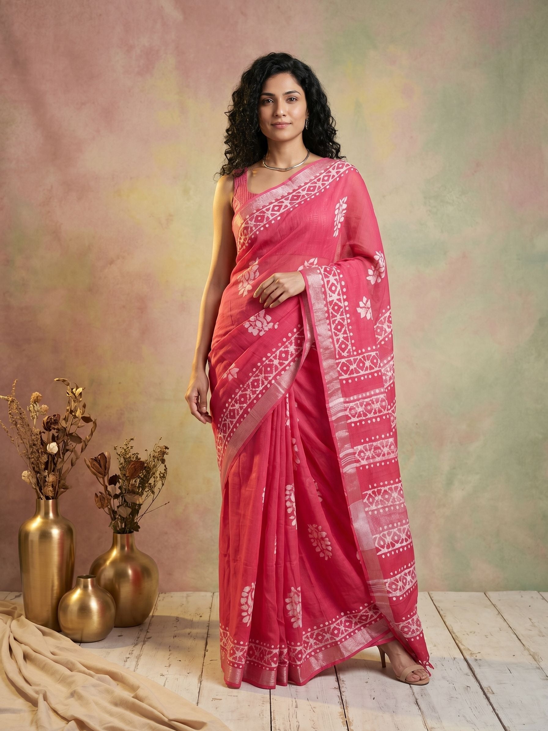 Woman wearing a pink saree with white patterns, standing against a soft pastel background.
