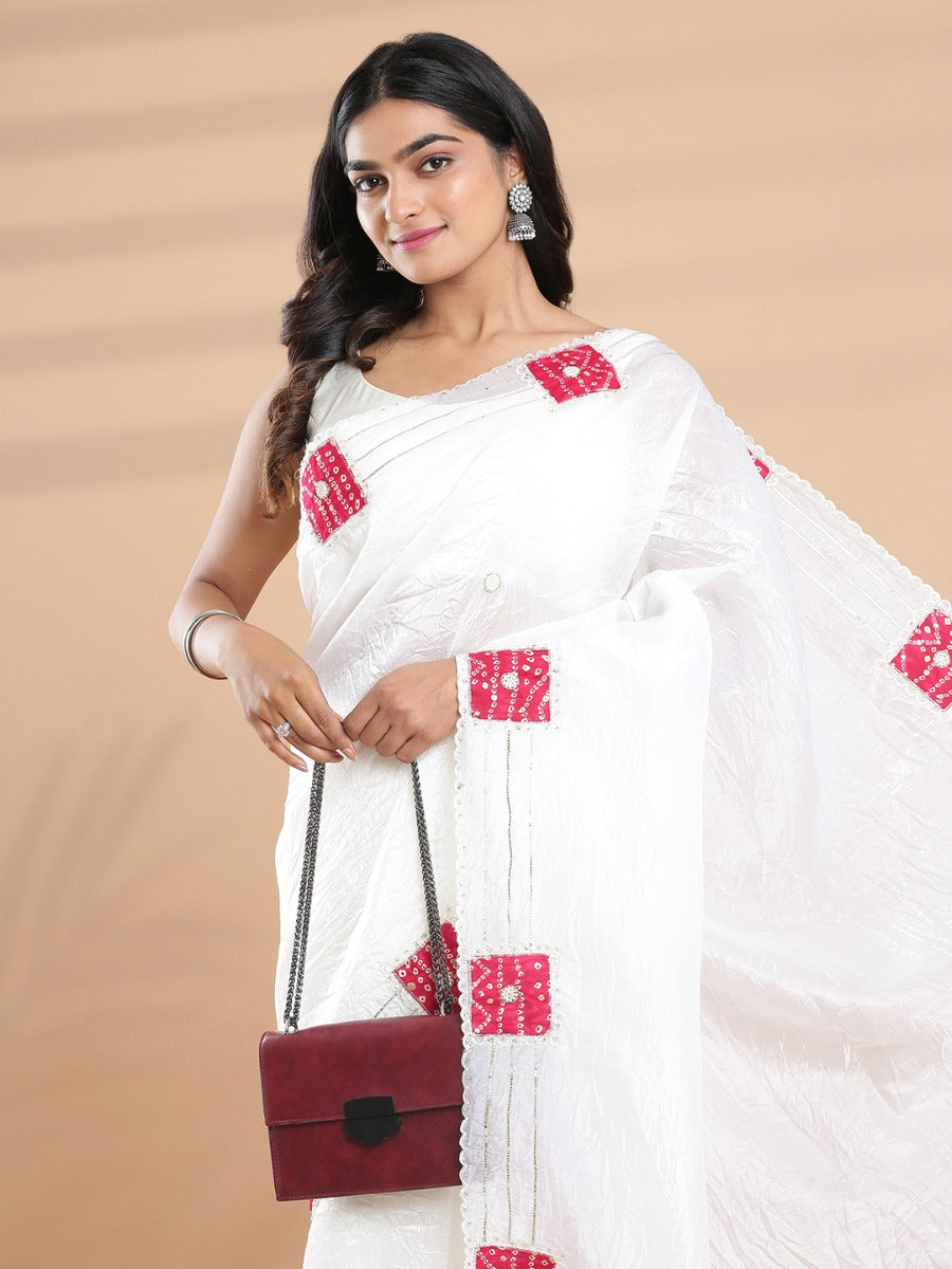 Off White Crush Organza Saree With Pink Bandhani Design Patch Work