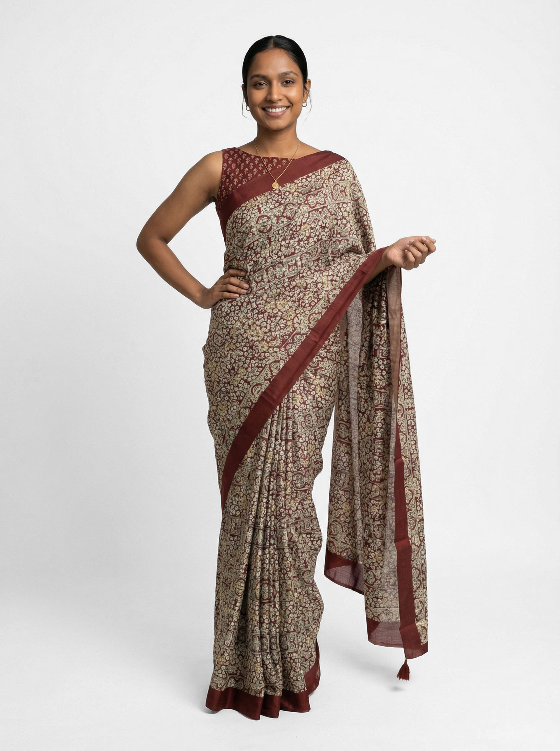 Chanderi Cotton Maroon And Beige Printed Saree