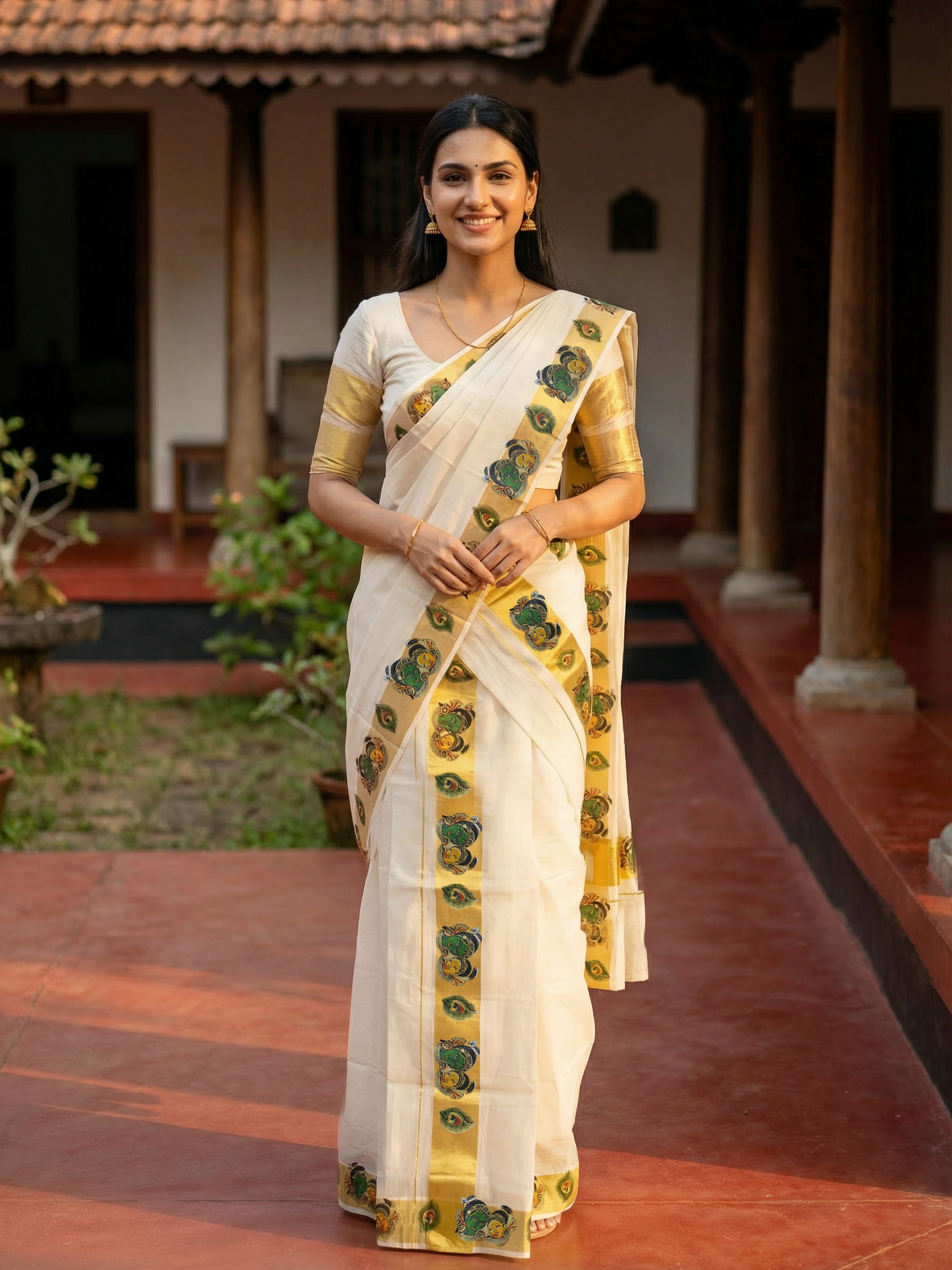 Woman in a traditional white saree with green and gold border standing in an outdoor setting.