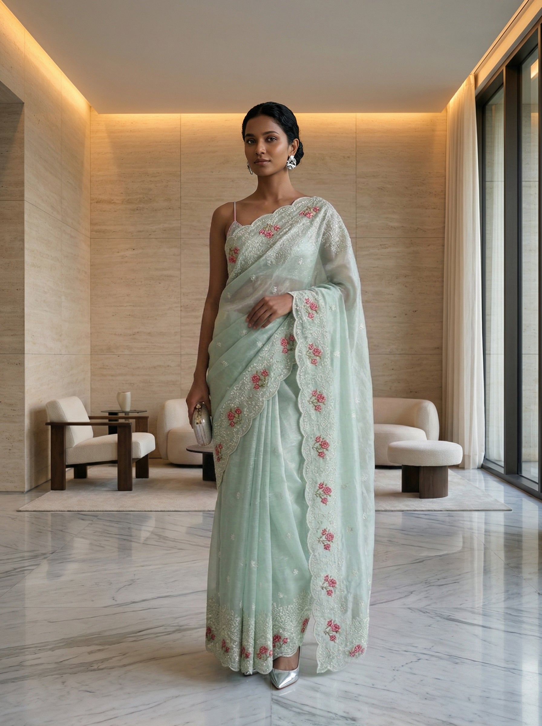 Organza Sky Blue Pink Floral Designer Saree