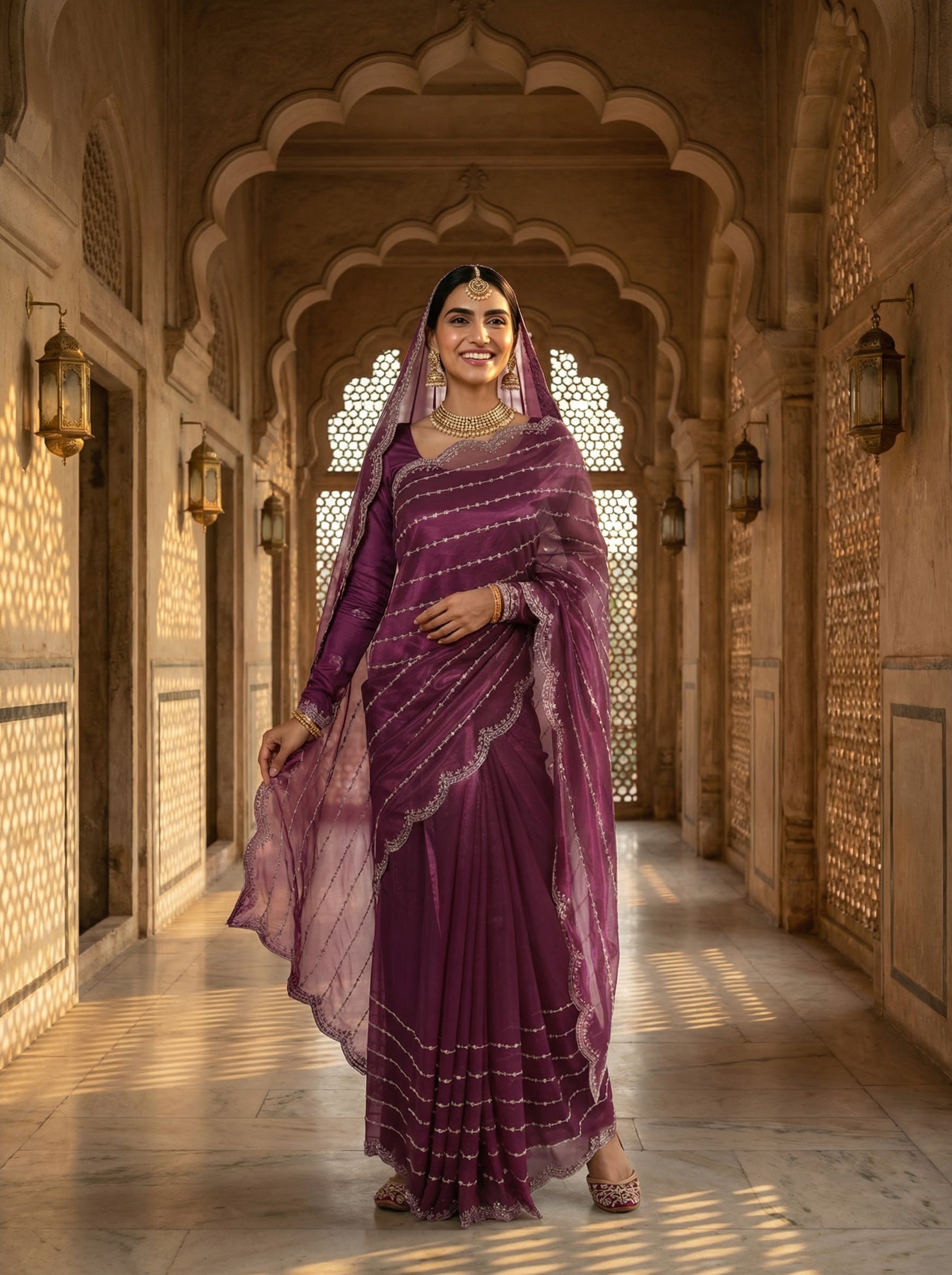 Imperial Wine Gold Sequin Embroidered Designer Saree