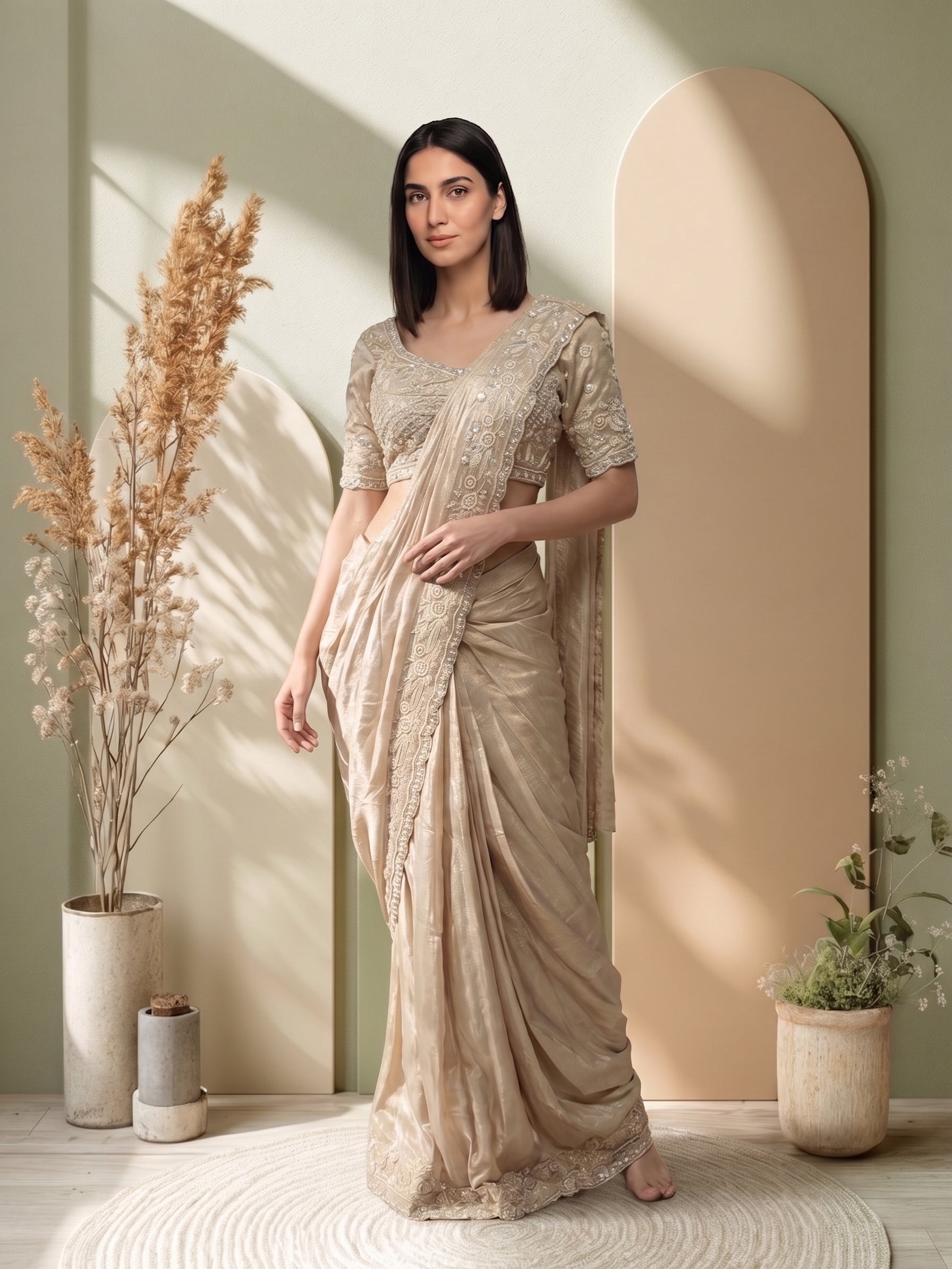 Woman in a beige saree standing in a room with plants and a mirror.